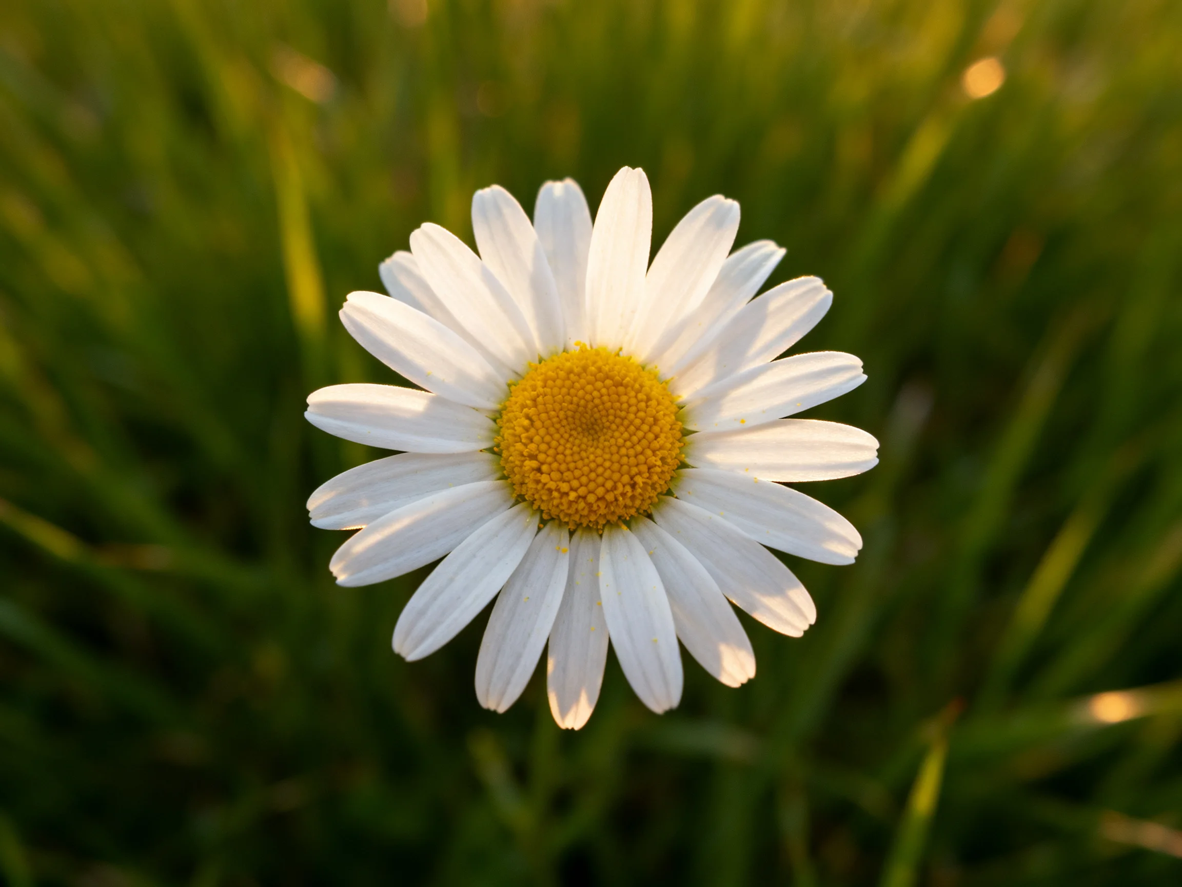 A single white daisy with a bright yellow center in lush green grass