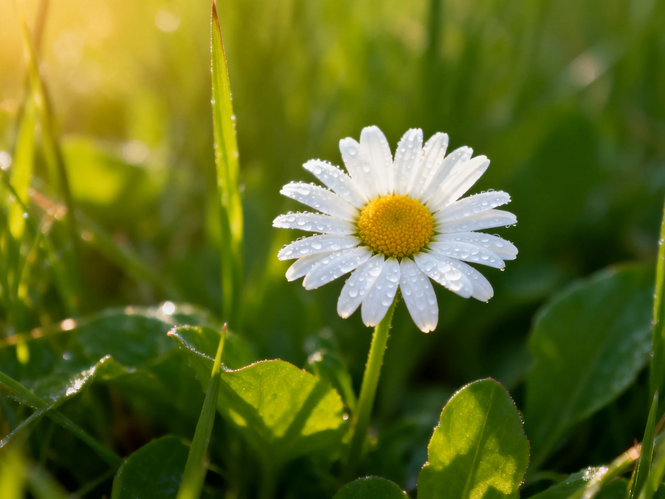 A single white daisy with dewdrops surrounded by greenery