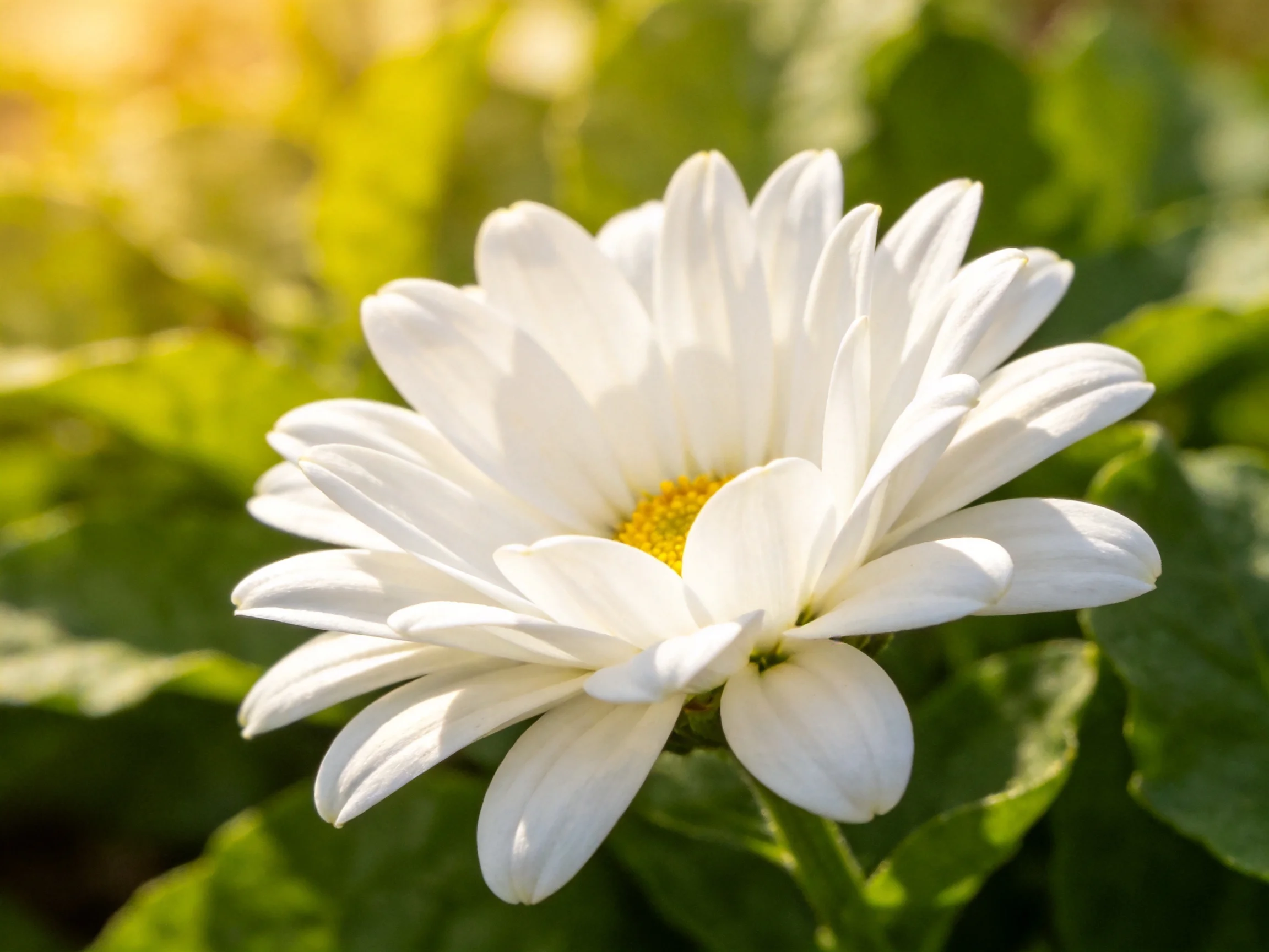 A single white daisy with yellow center amid green foliage