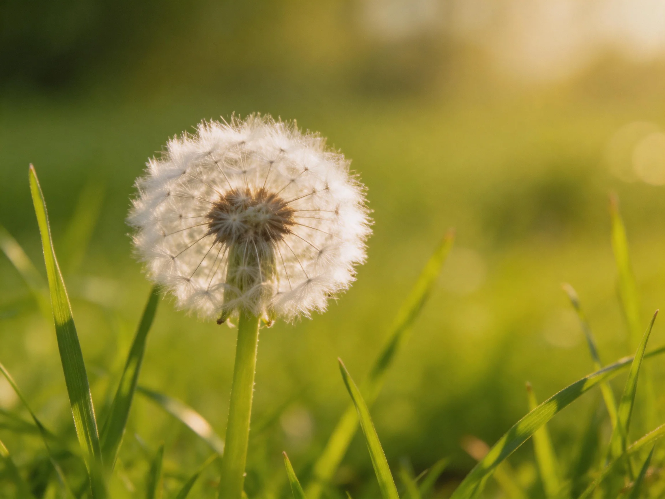 A single white dandelion stands among lush green grass in golden sunlight