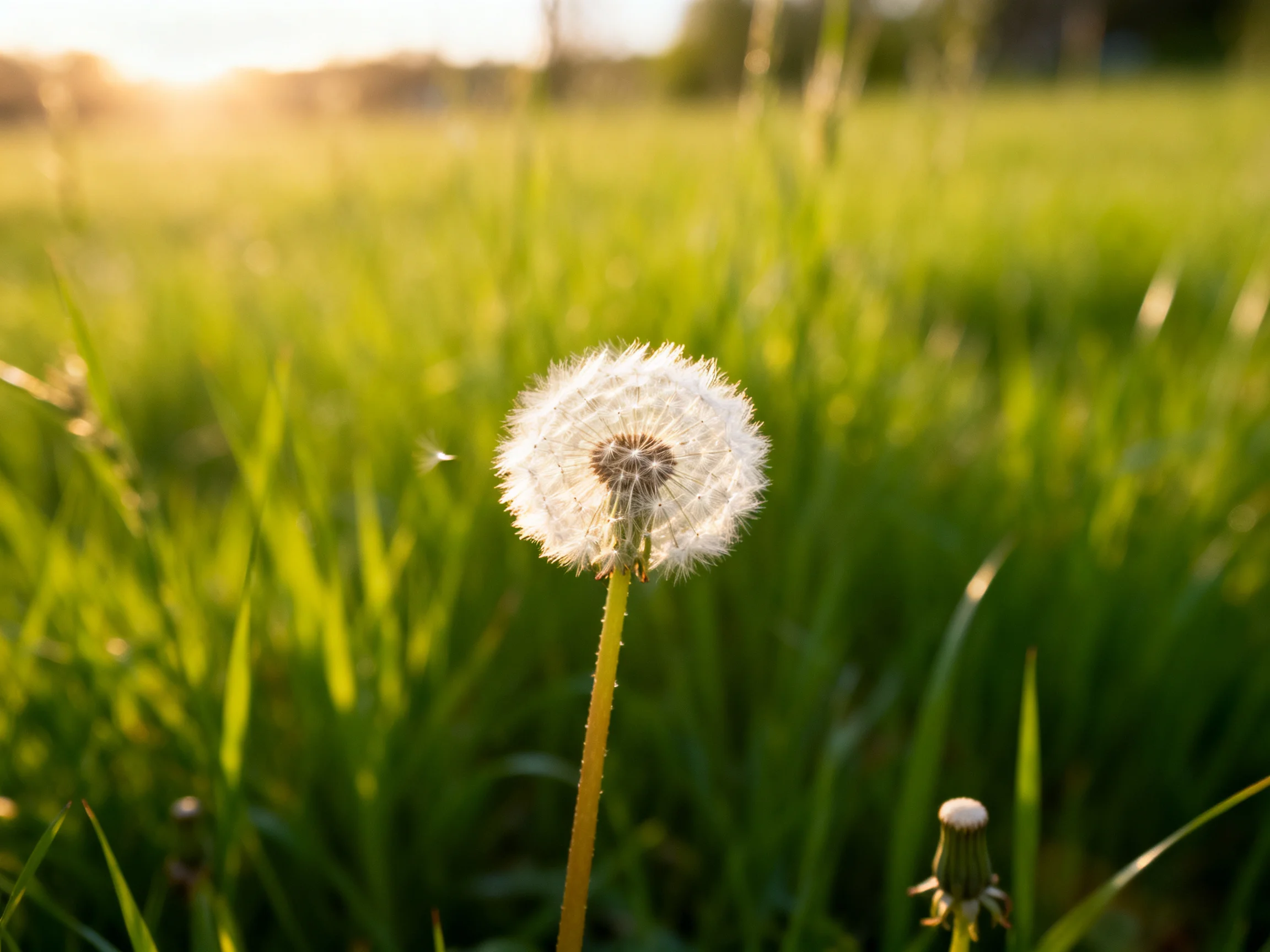 A single white dandelion stands tall among lush green grass under golden sunlight
