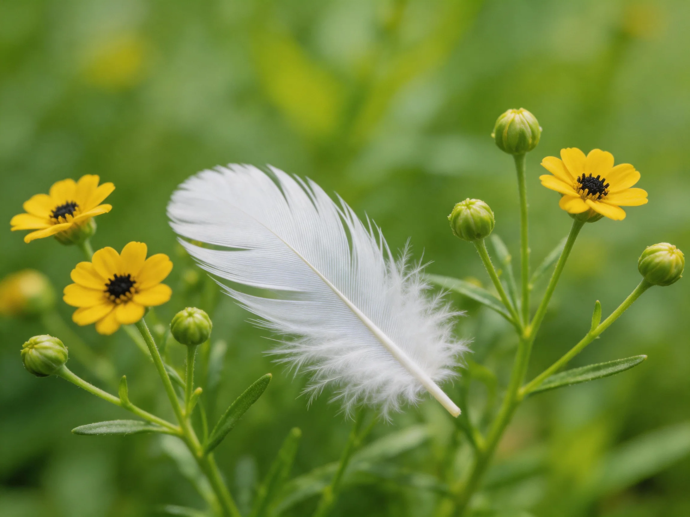 A single white feather nestled among yellow flowers and green flower buds