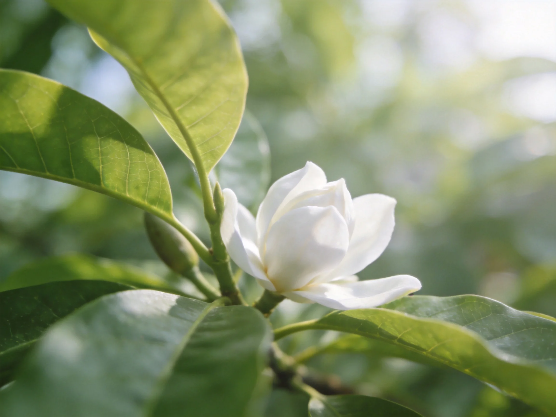 A single white flower amid broad green leaves under soft sunlight