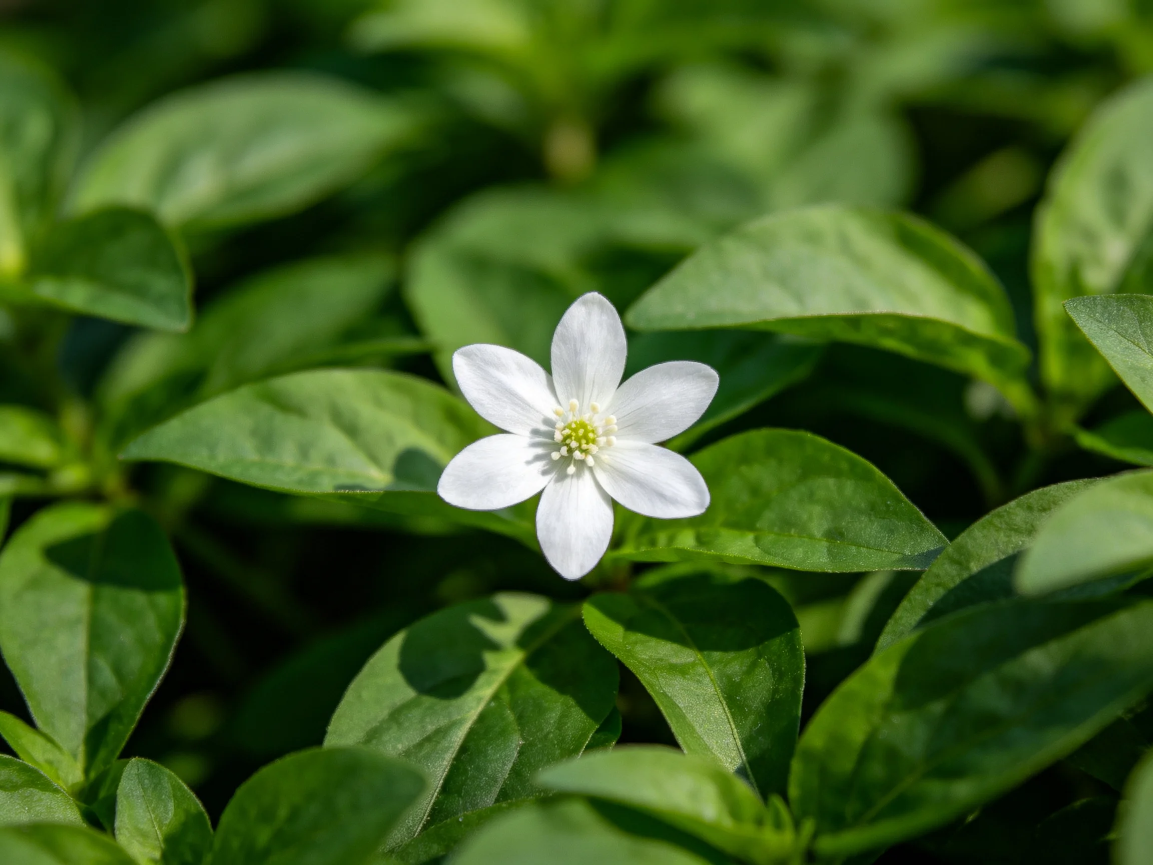 A single white flower blooms amid lush green foliage