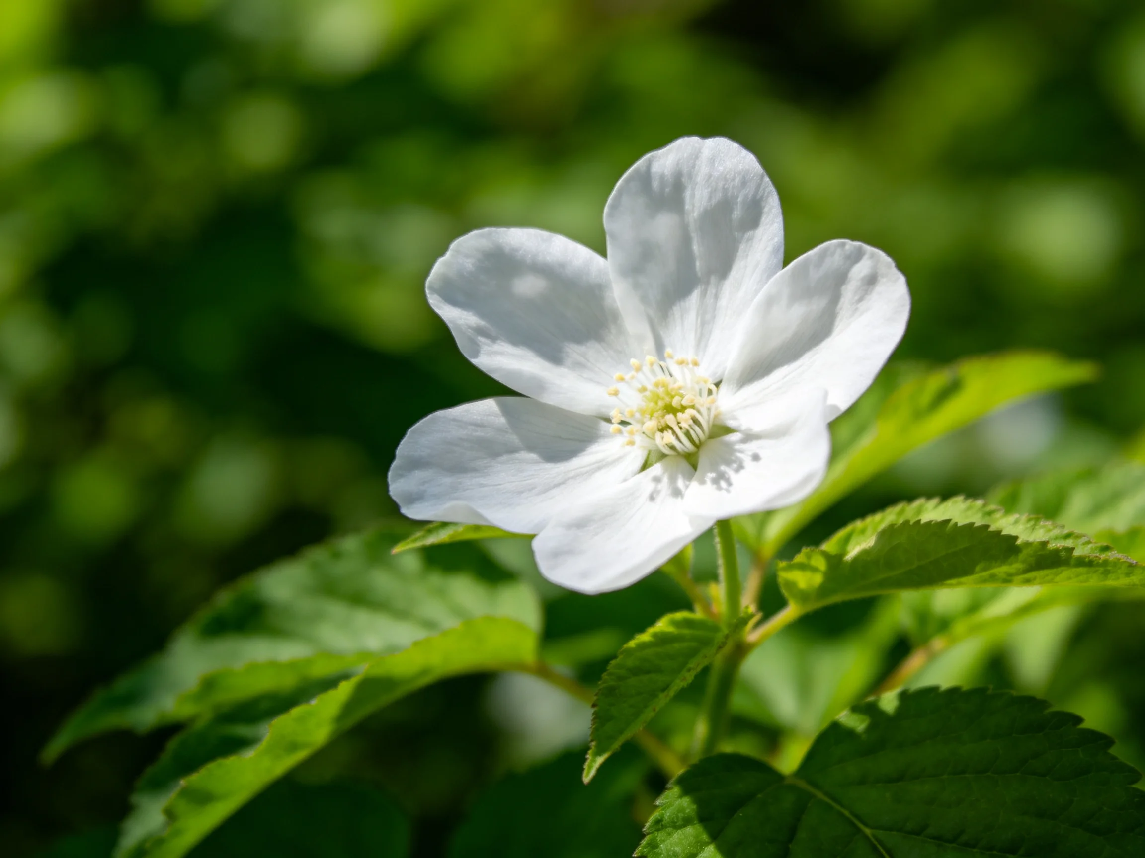 A single white flower blooms amid vibrant green foliage