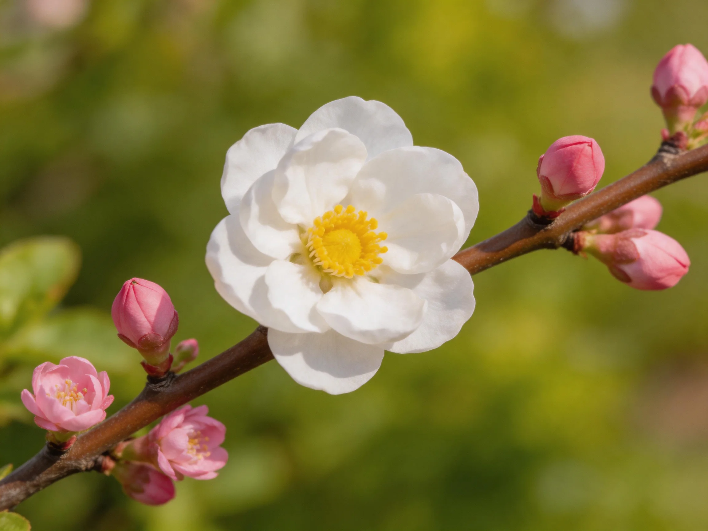 A single white flower blooms among pink buds on a brown branch