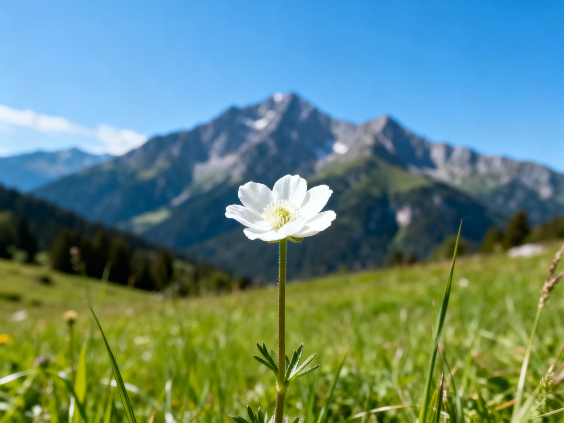 A single white flower blooms in a verdant meadow with towering mountains