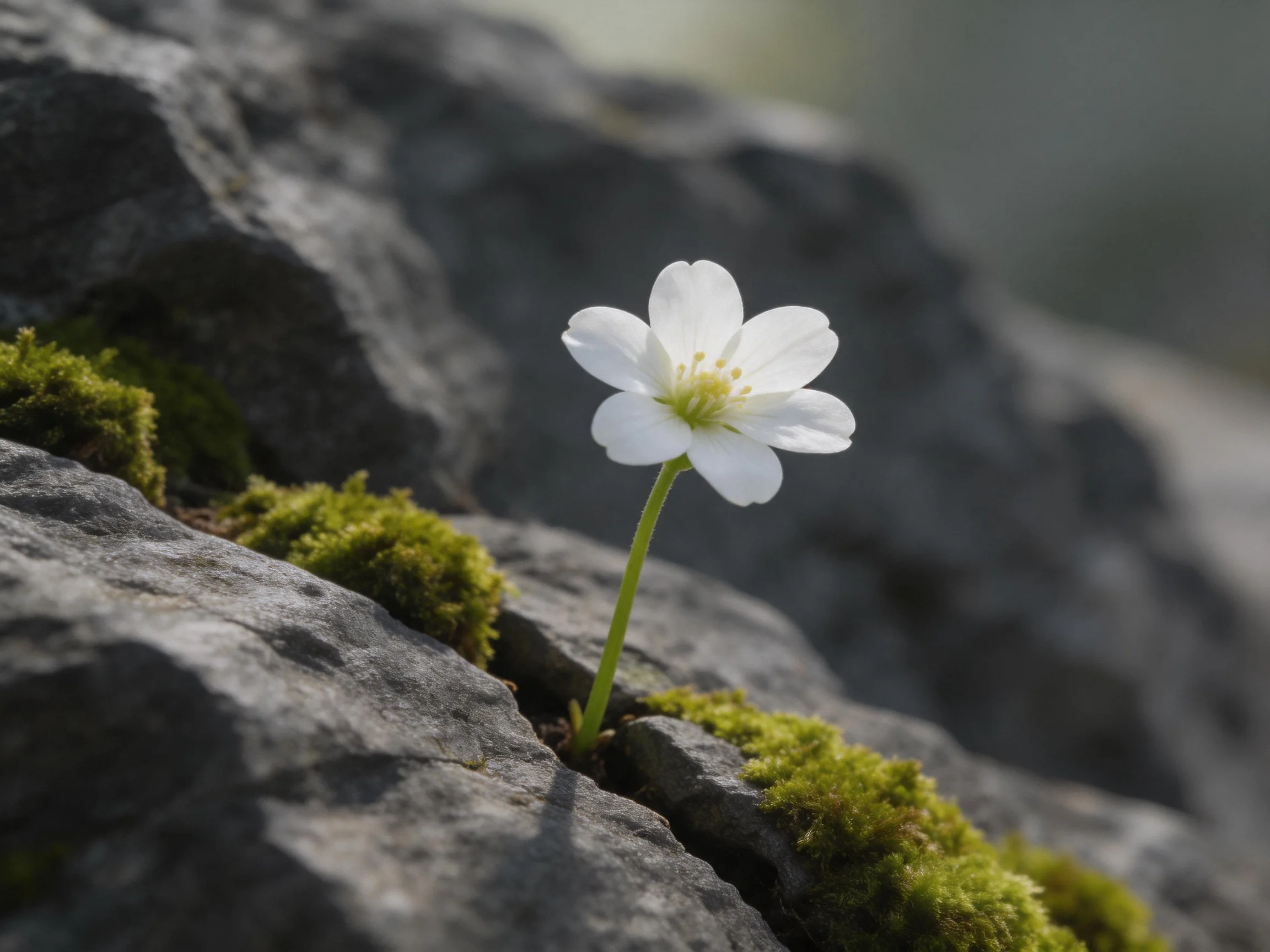 A single white flower grows from rocky crevices with green moss