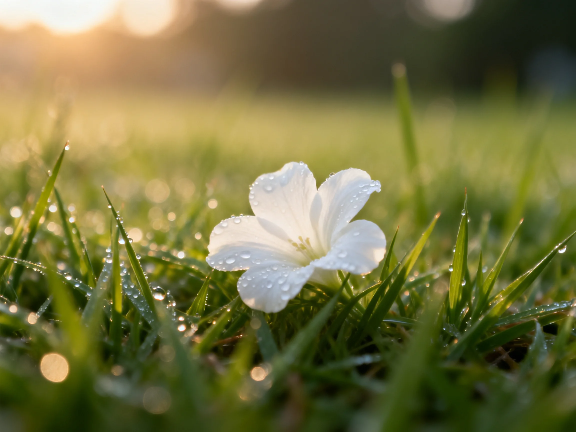 A single white flower rests amid dewy green grass under soft sunlight