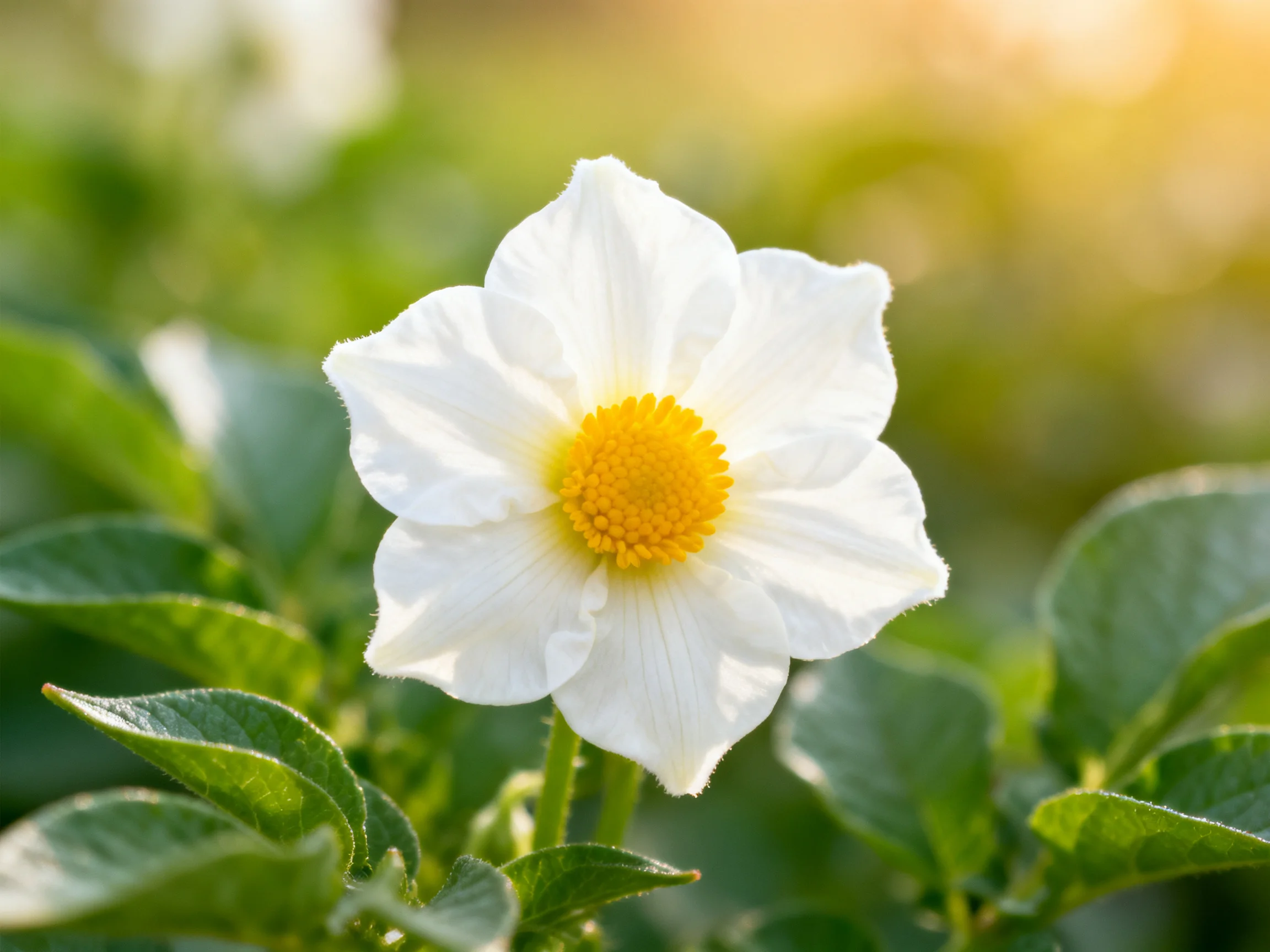 A single white flower with a bright yellow center amid lush green foliage