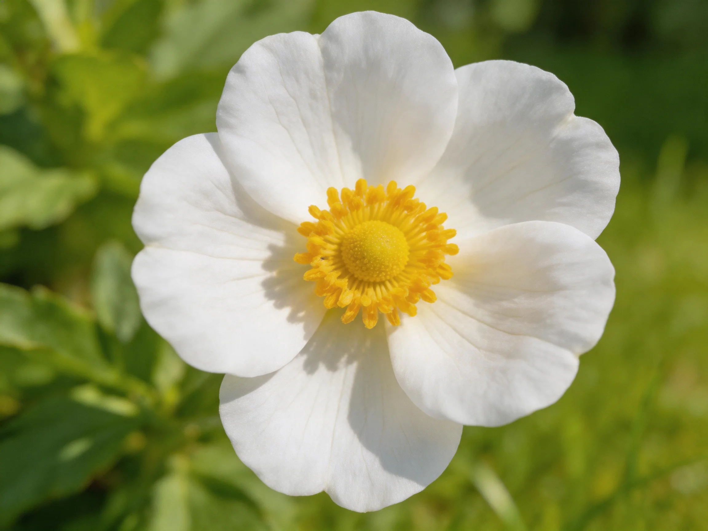 A single white flower with a bright yellow center