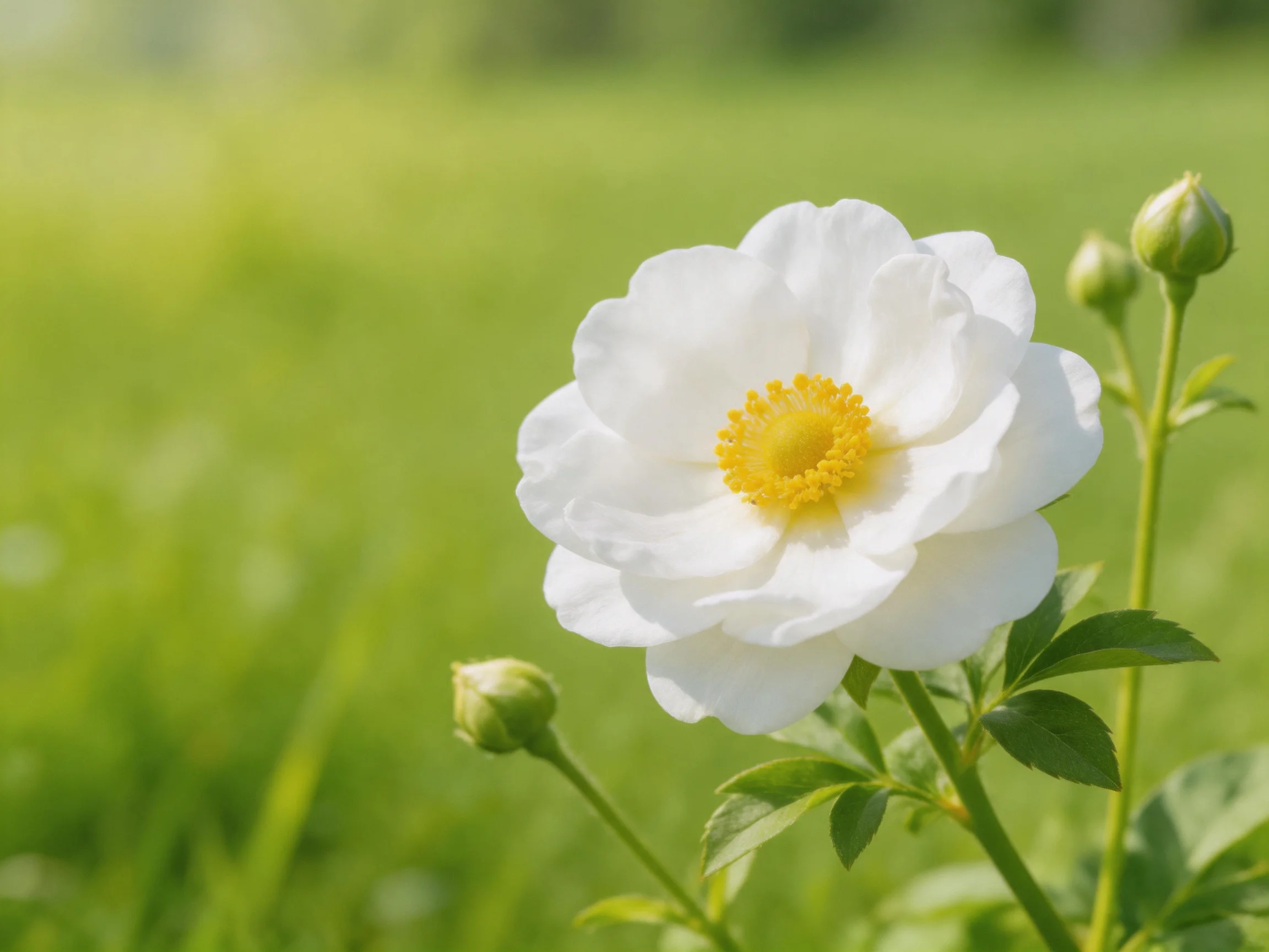A single white flower with yellow center near green buds in a sunlit meadow