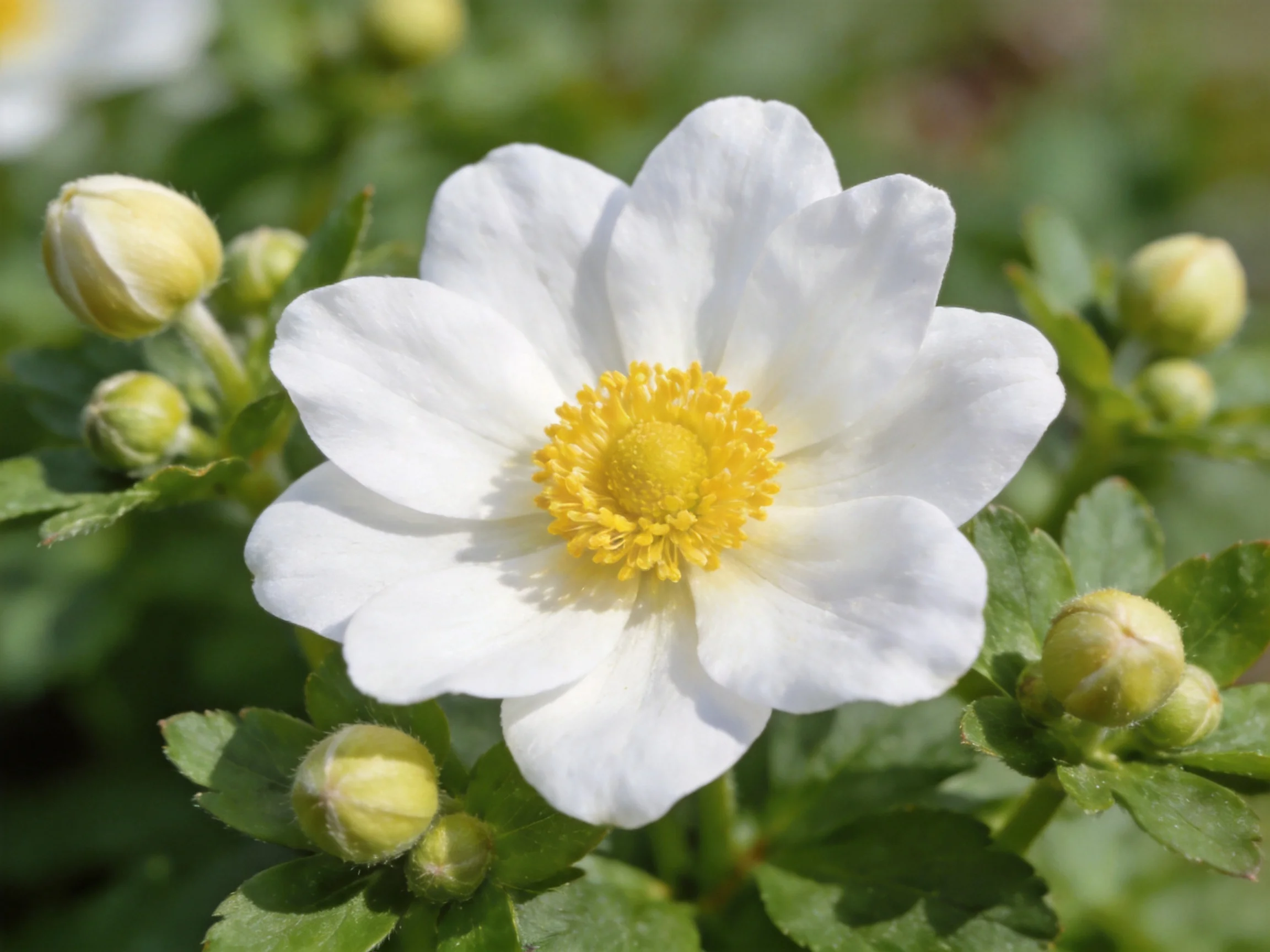 A single white flower with yellow center surrounded by green buds