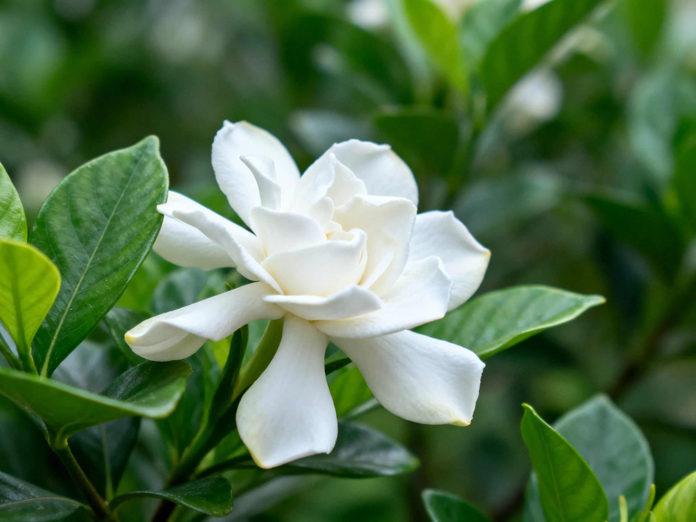 A single white gardenia bloom amid lush green foliage