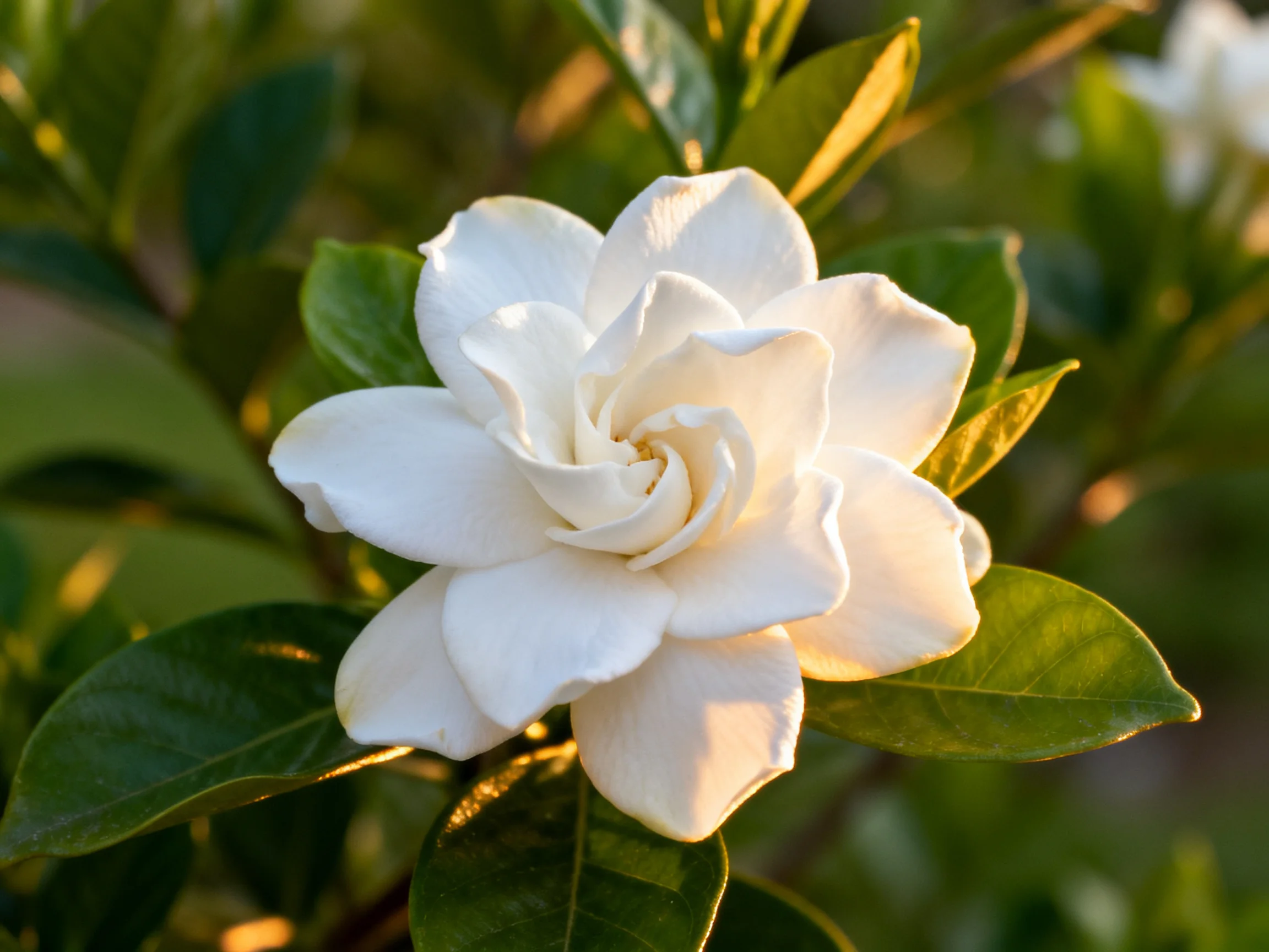 A single white gardenia blooms amid lush green foliage