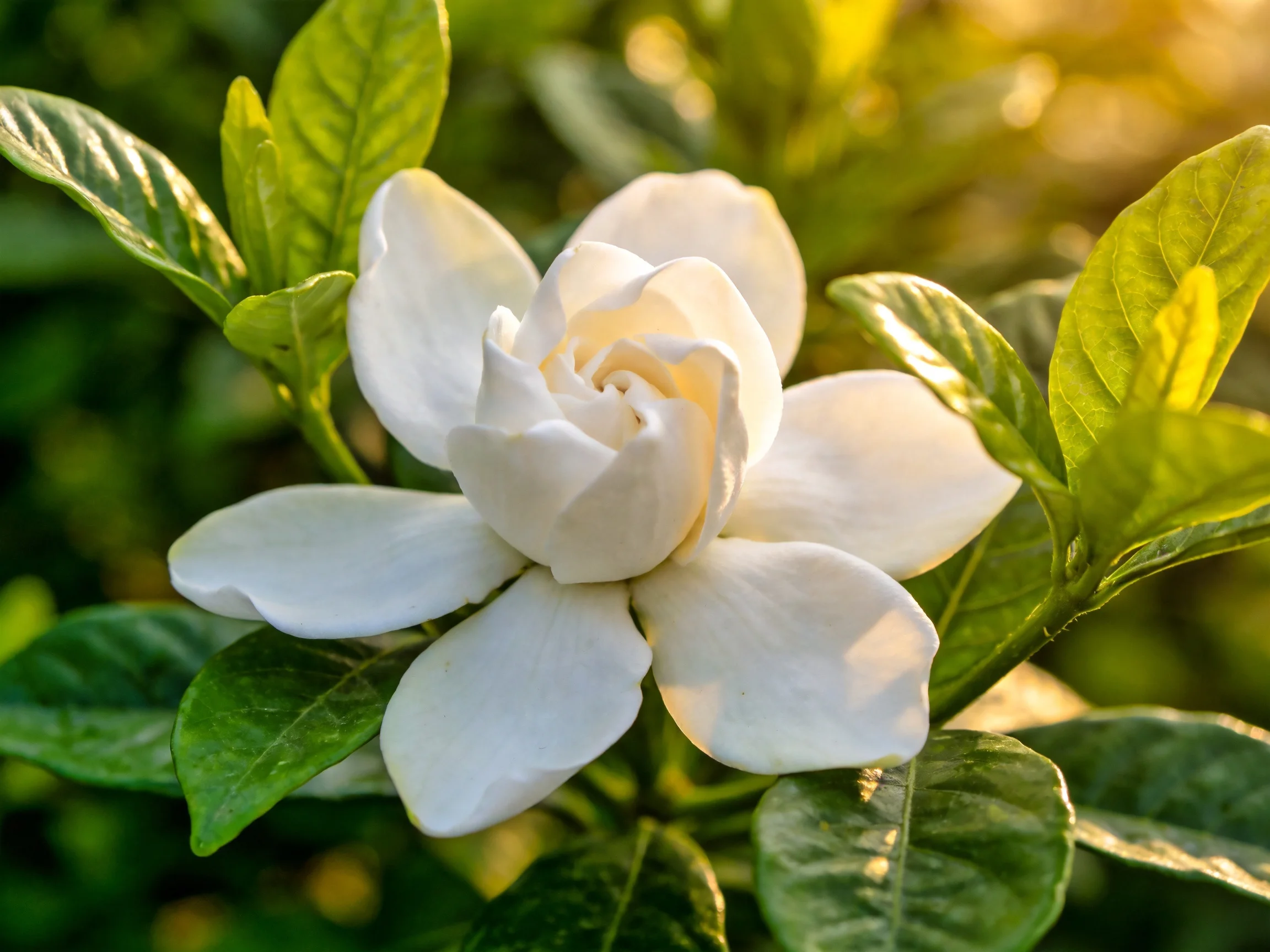 A single white gardenia blooms among vibrant green leaves under warm sunlight