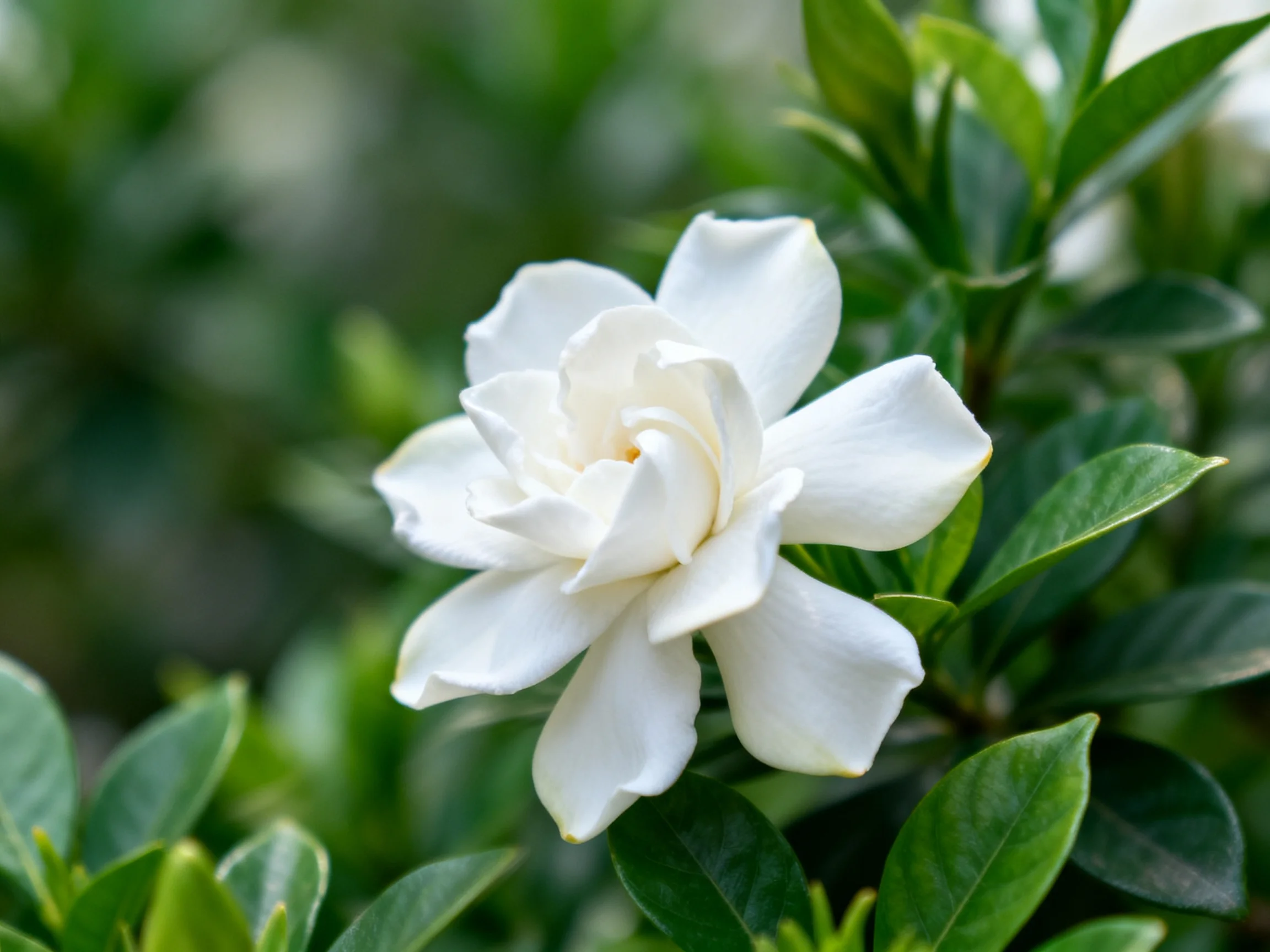 A single white gardenia flower surrounded by lush green foliage