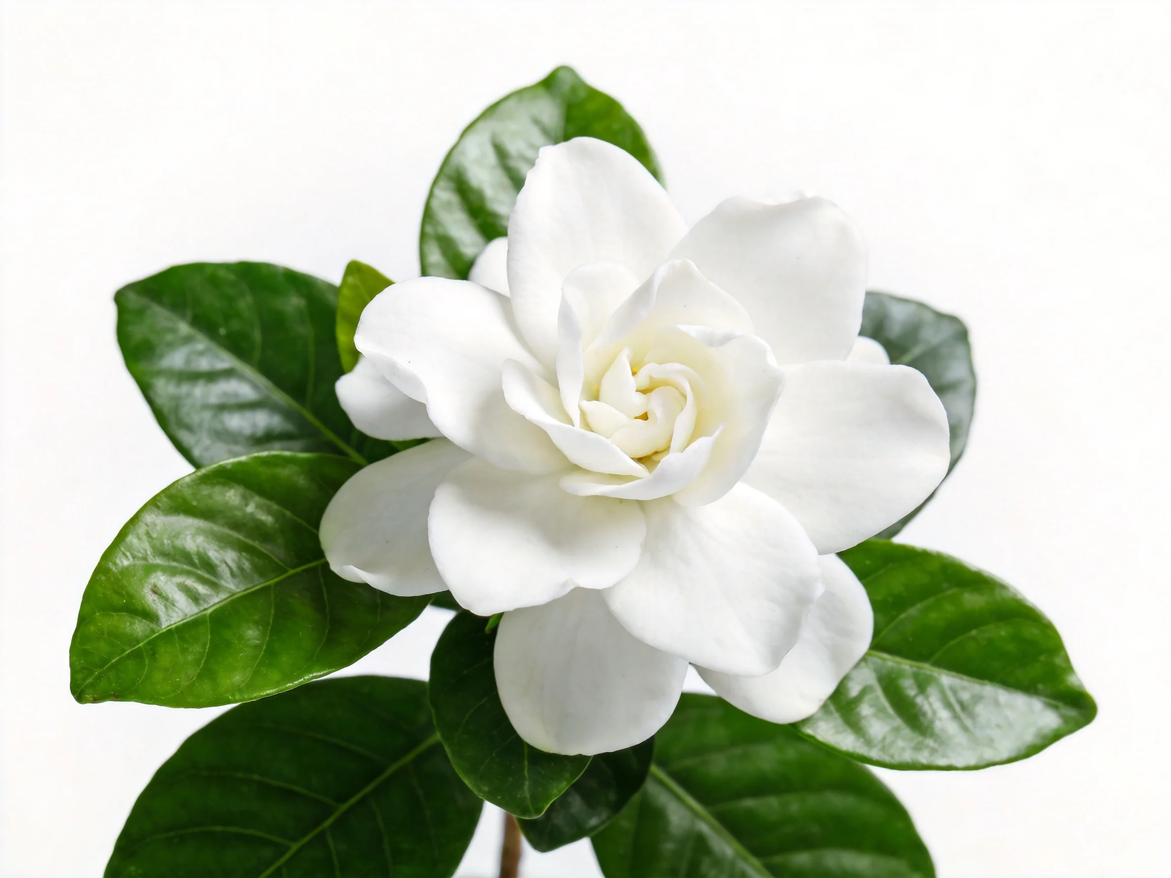 A single white gardenia flower with glossy green leaves