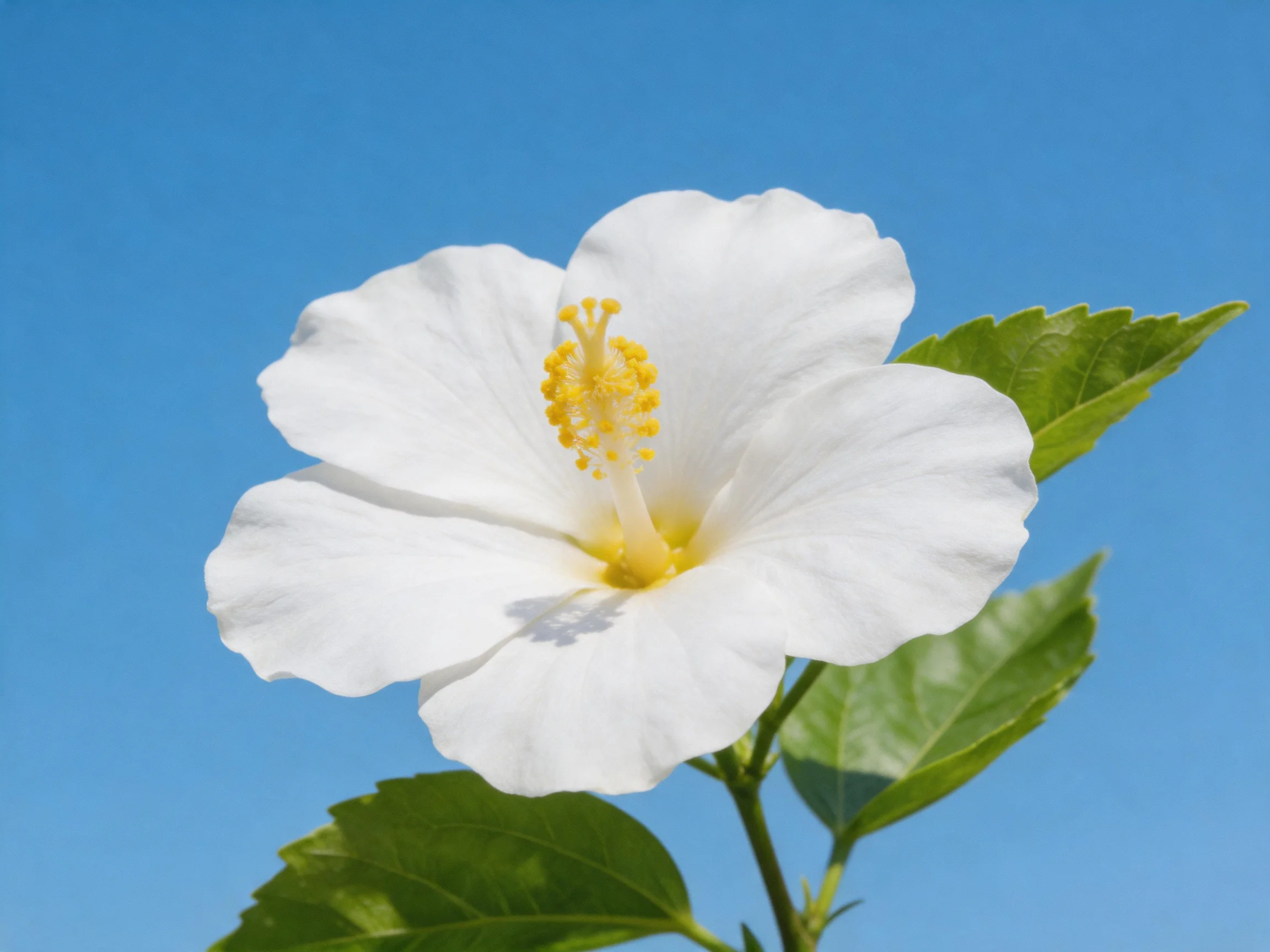 A single white hibiscus flower against a clear blue sky