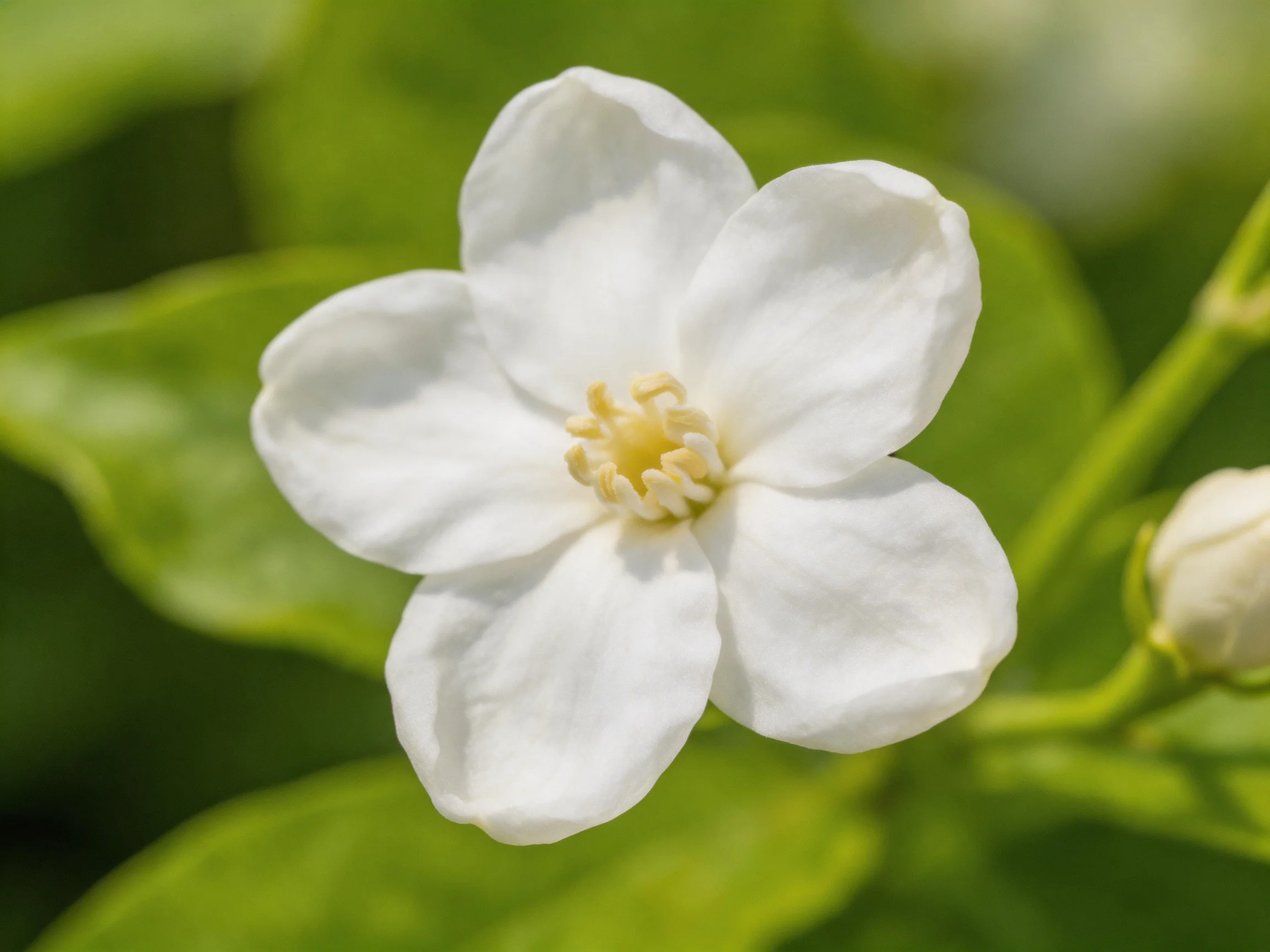 A single white jasmine flower blooms among vibrant green foliage.