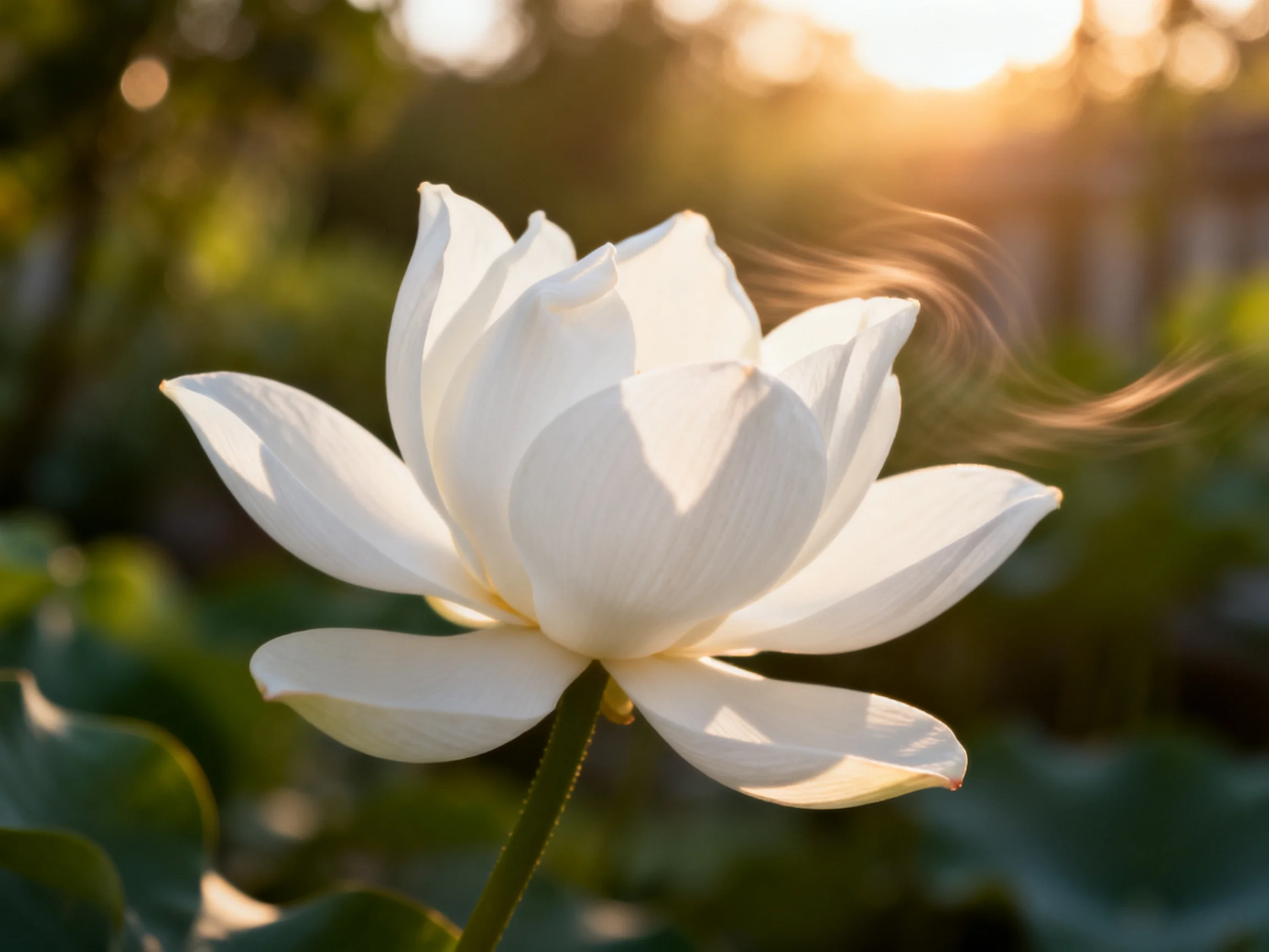 A single white lotus blooms in golden sunlight near green foliage