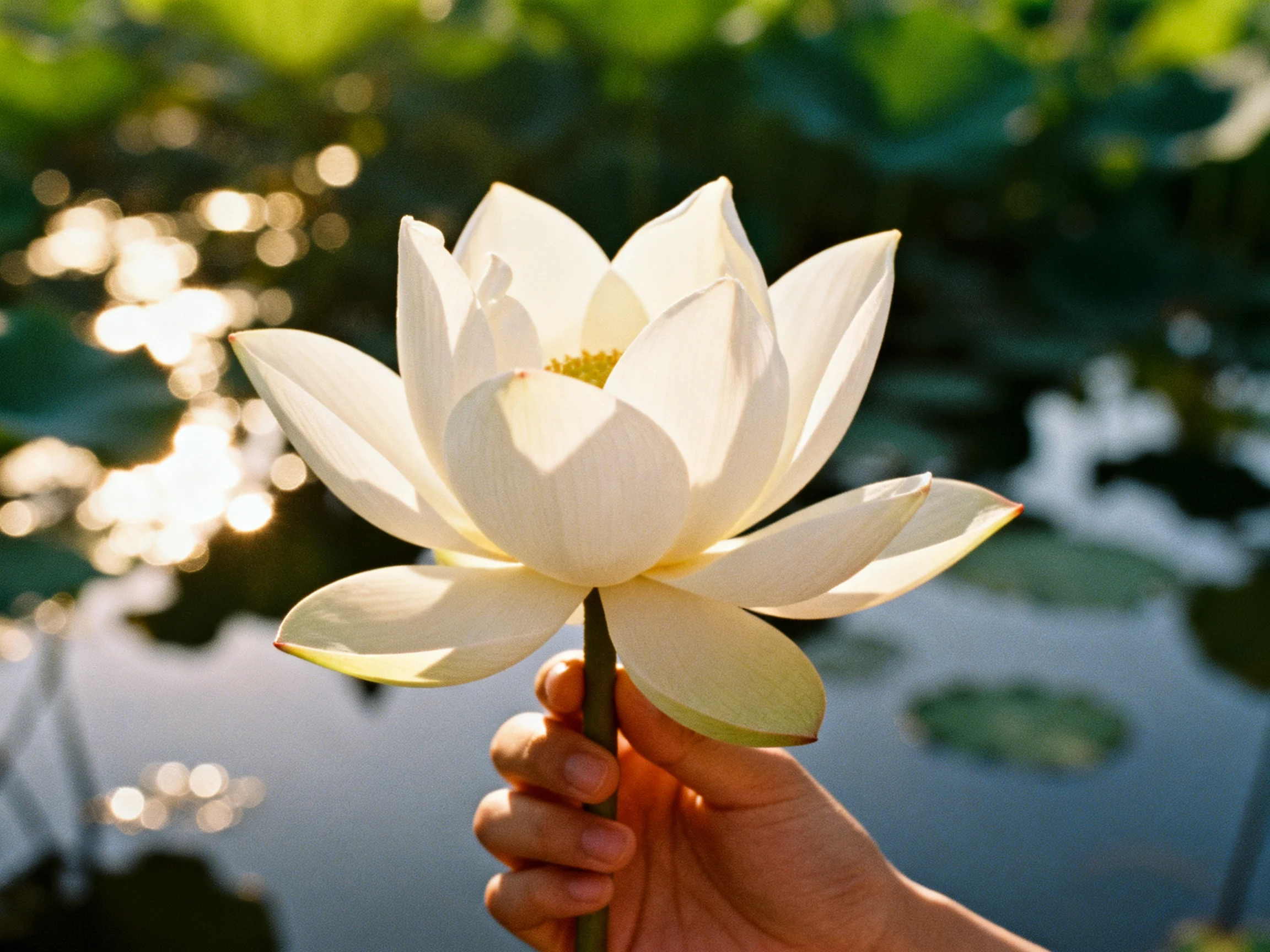 A single white lotus flower held near a sunlit pond with green foliage