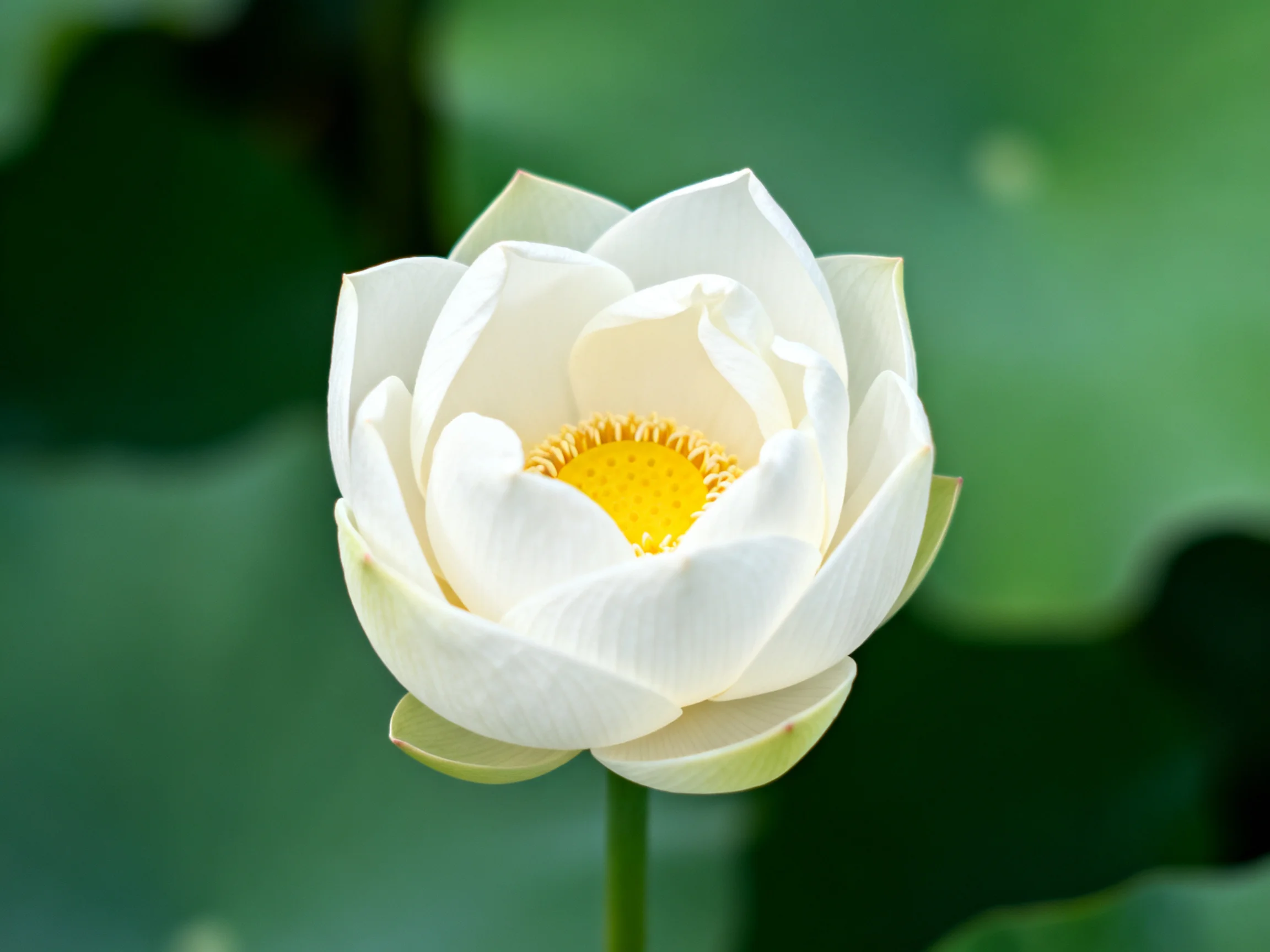 A single white lotus flower with yellow center among green foliage