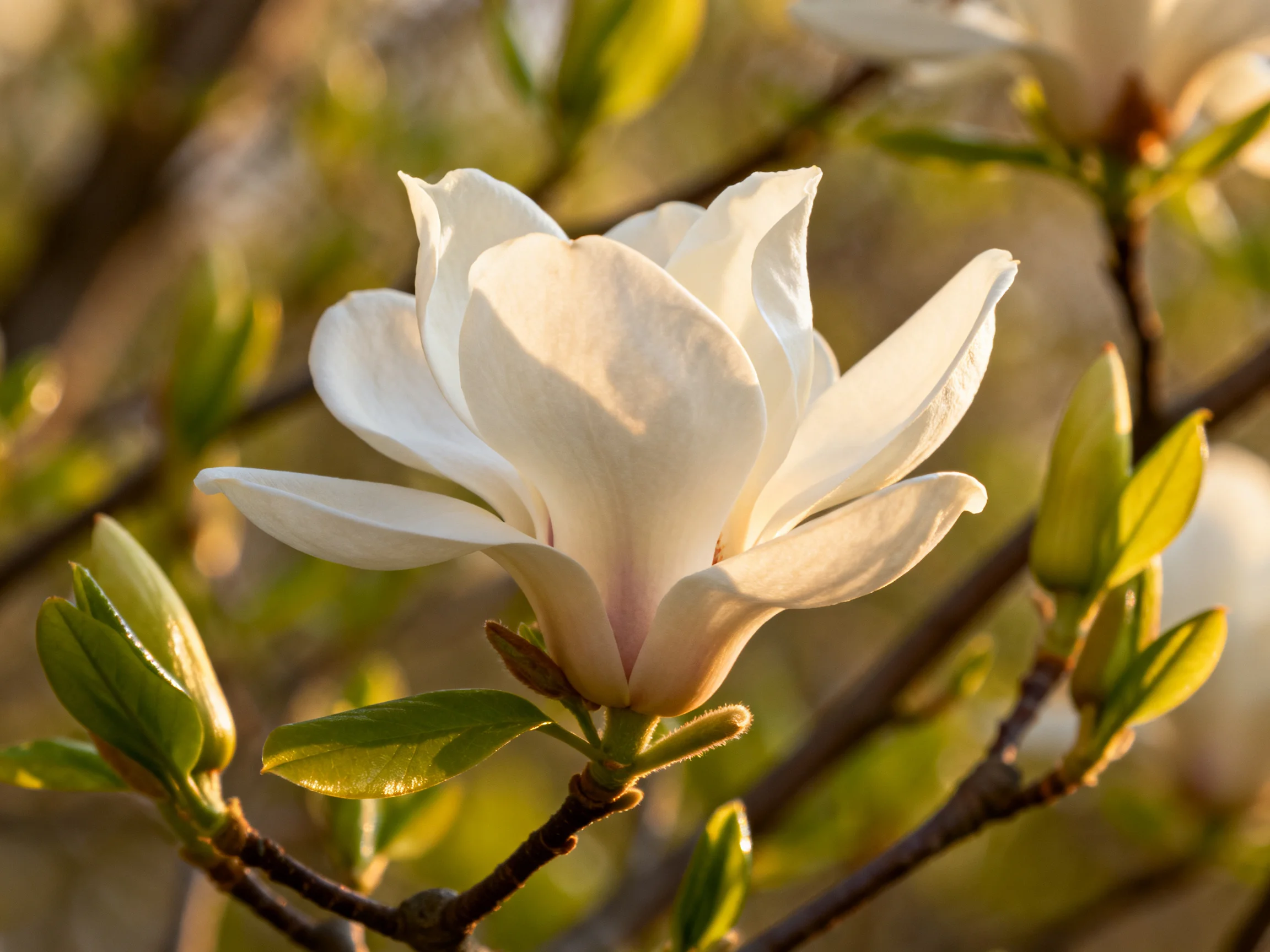 A single white magnolia blooms among green buds on a branch