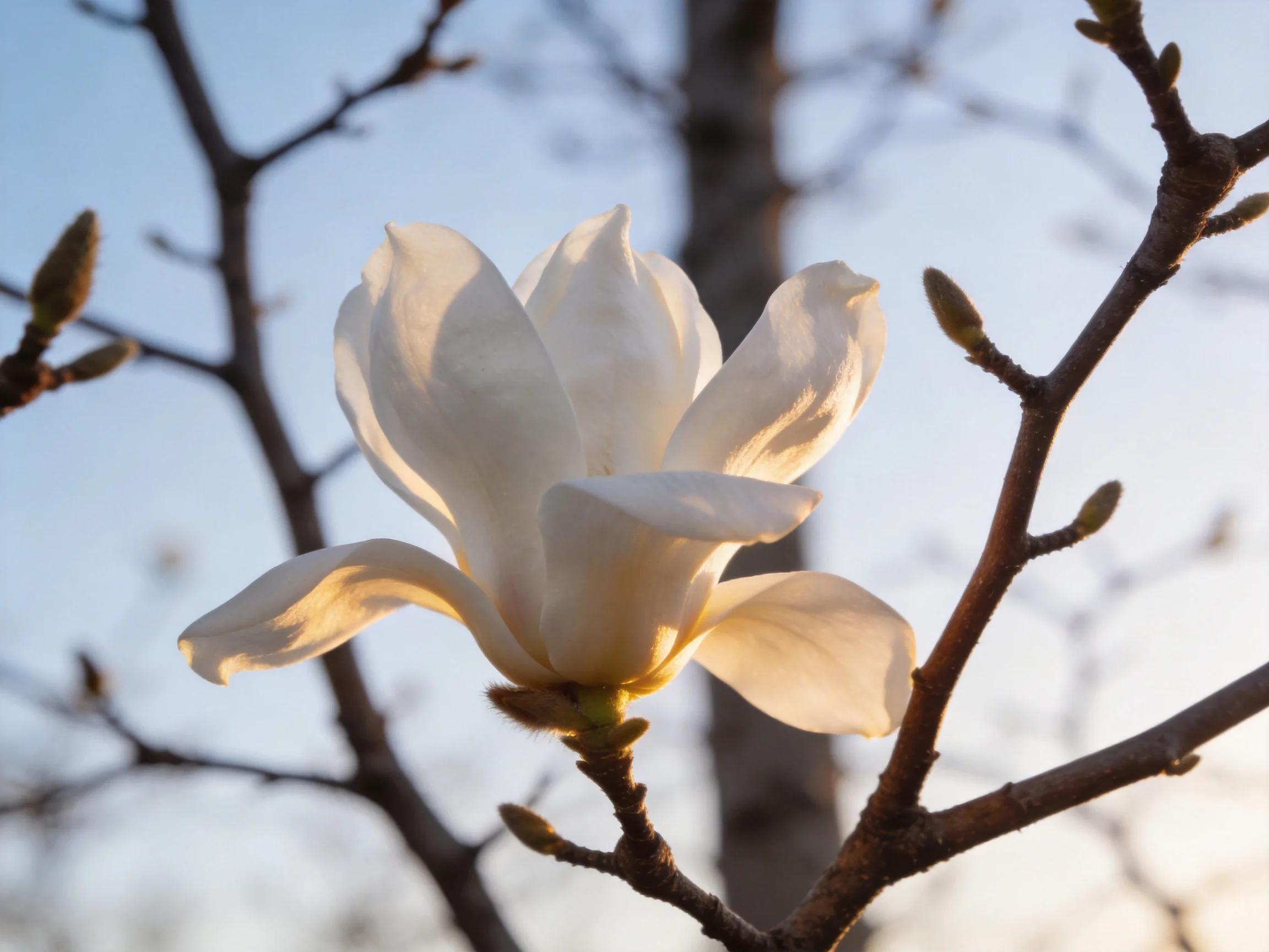 A single white magnolia blossom with budding branches