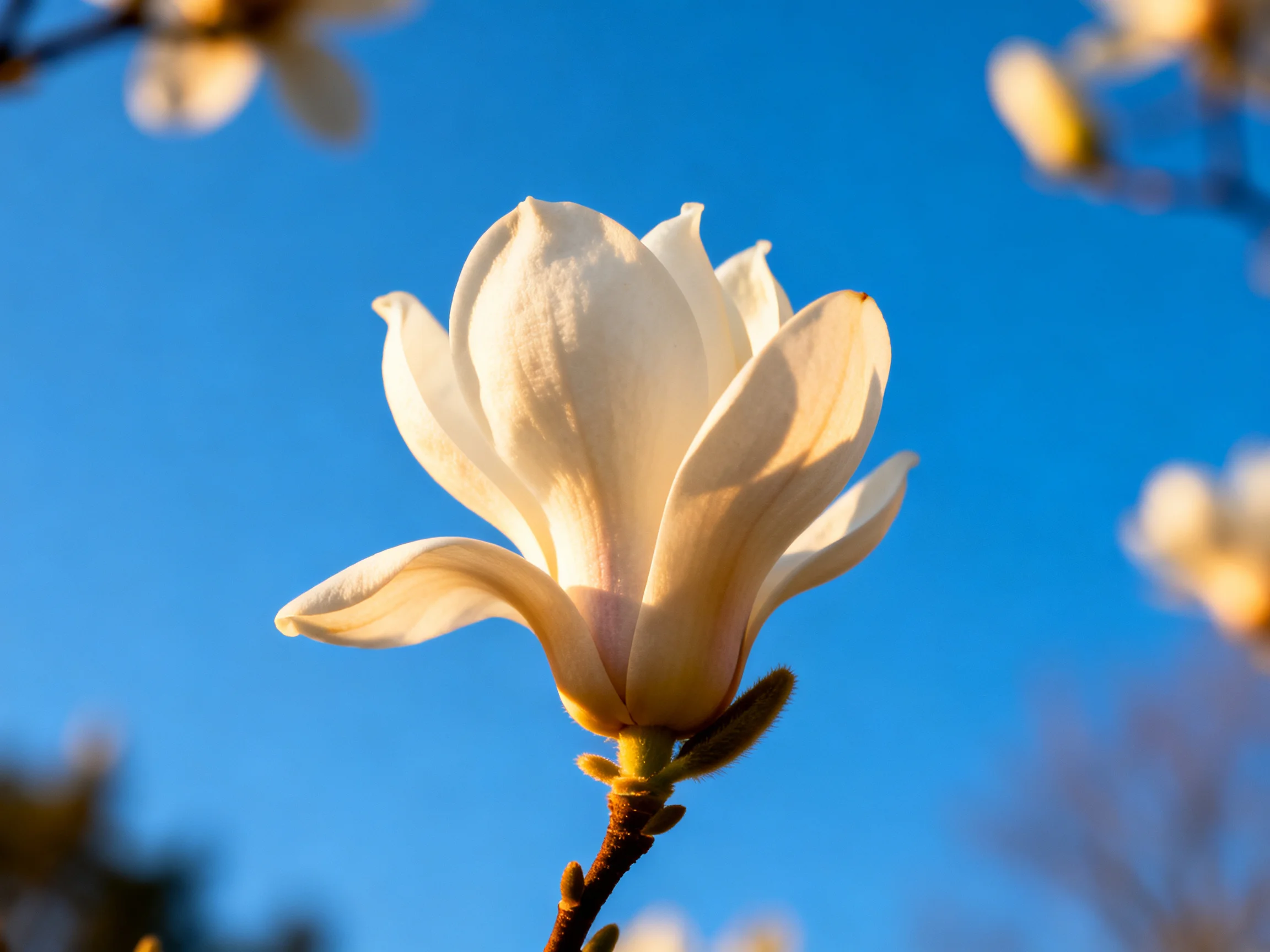 A single white magnolia flower blooms under a clear blue sky