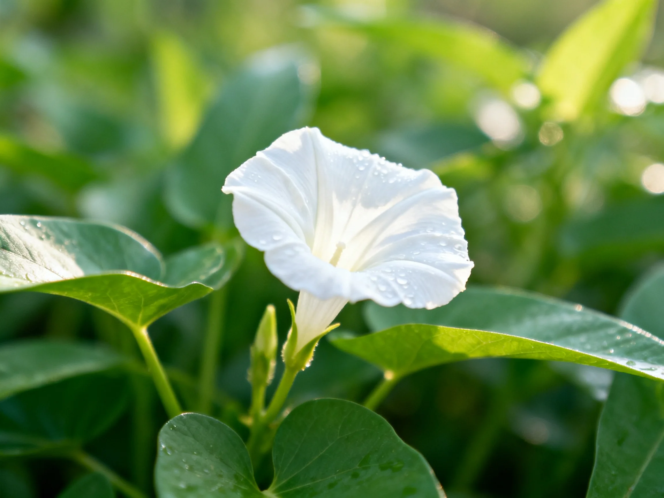 A single white morning glory with dewdrops among lush green foliage