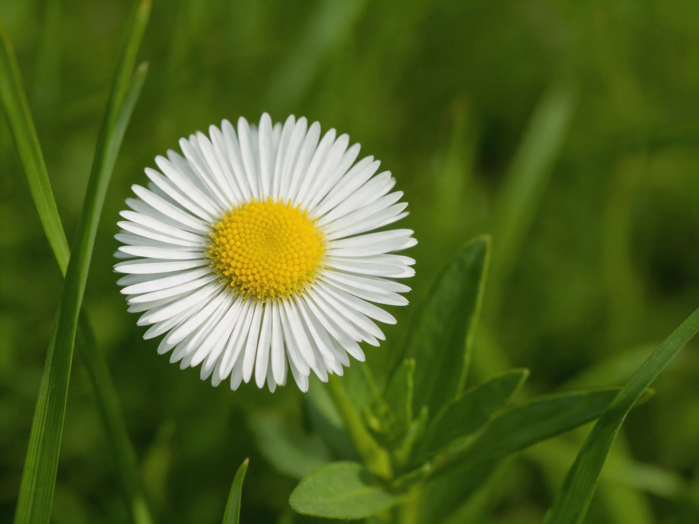 A single white-petaled daisy with a vibrant yellow center amidst lush green grass