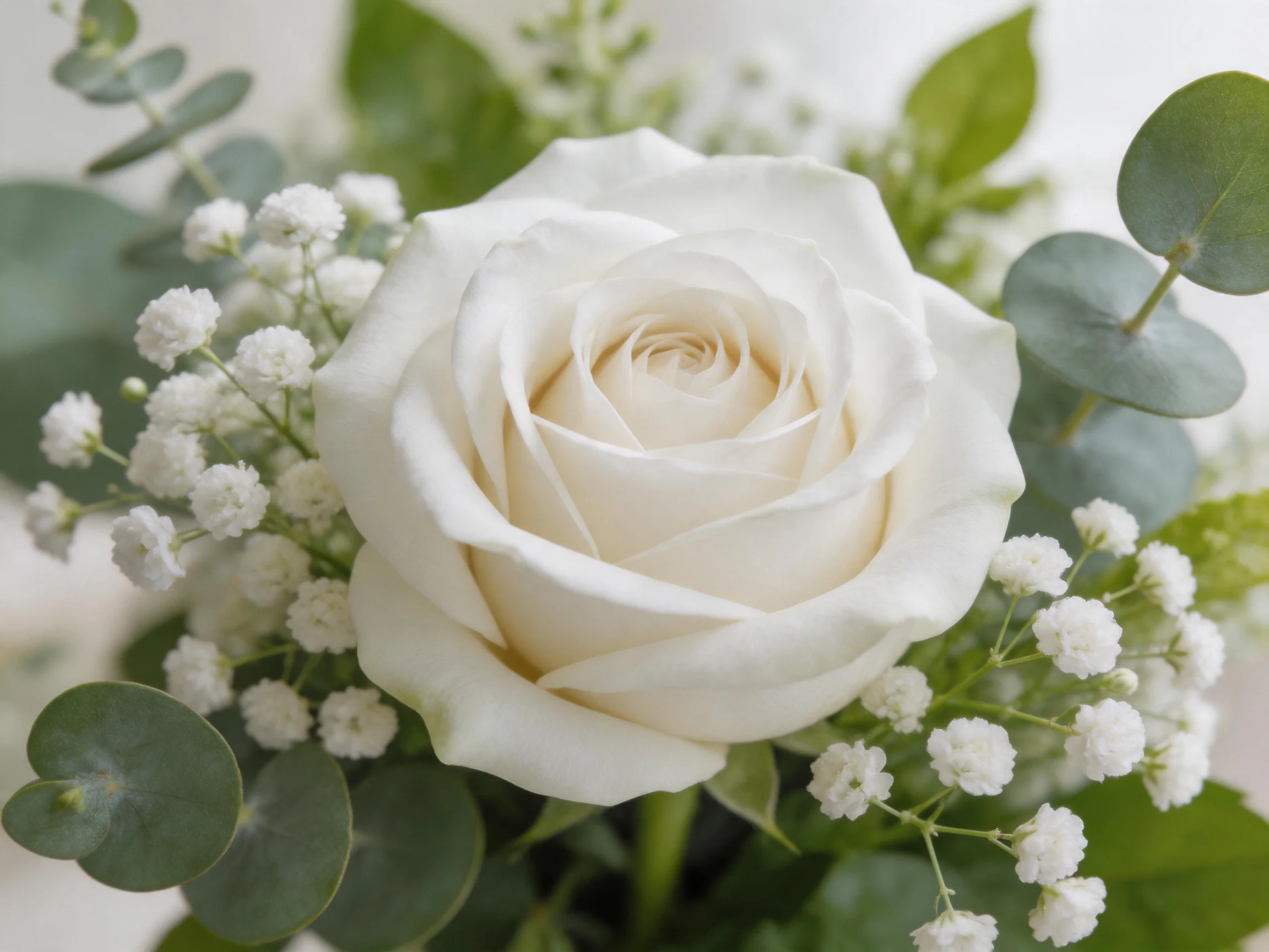 A single white rose accompanied by baby’s breath and eucalyptus leaves