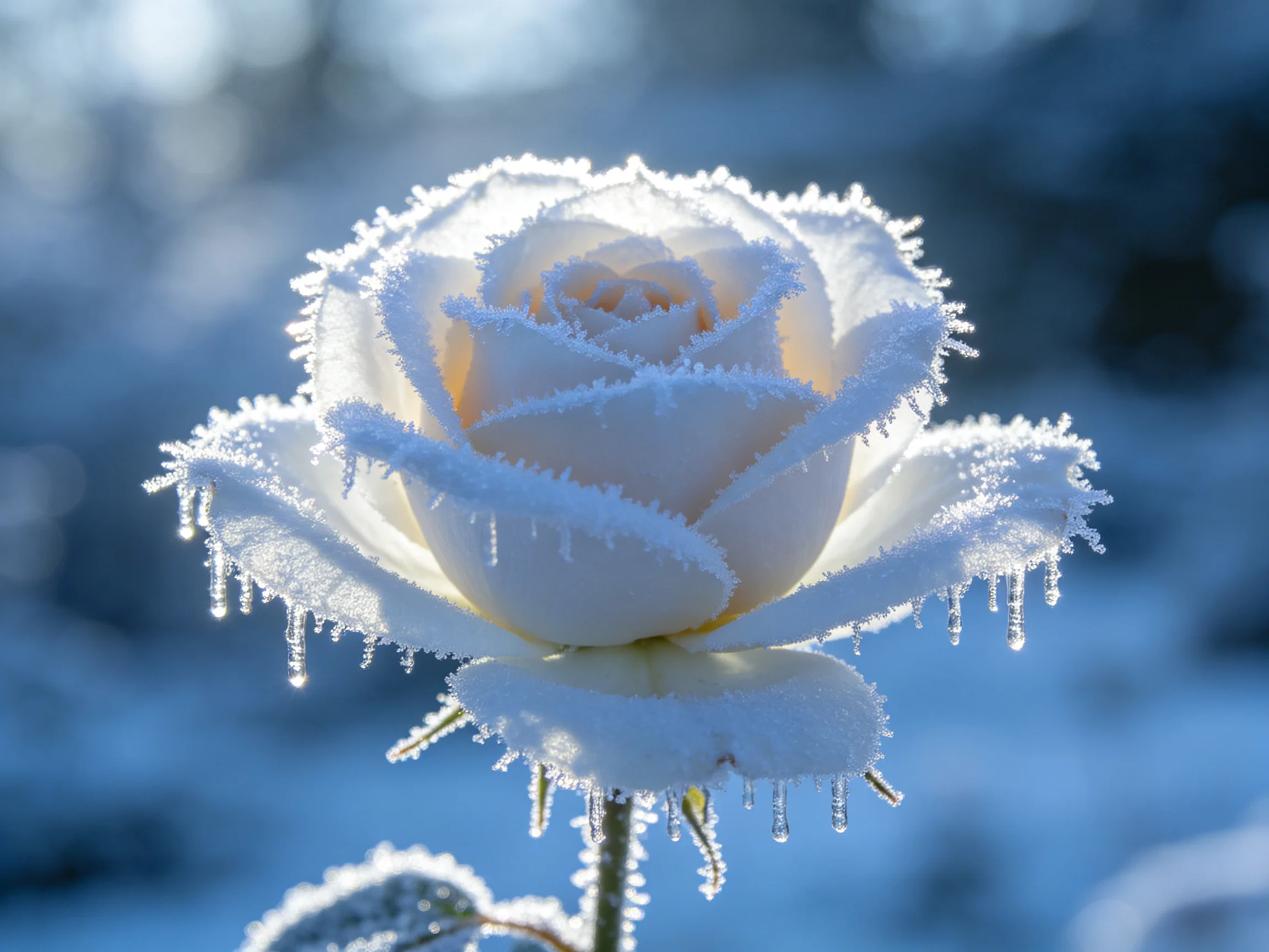 A single white rose blanketed in glistening frost and ice crystals