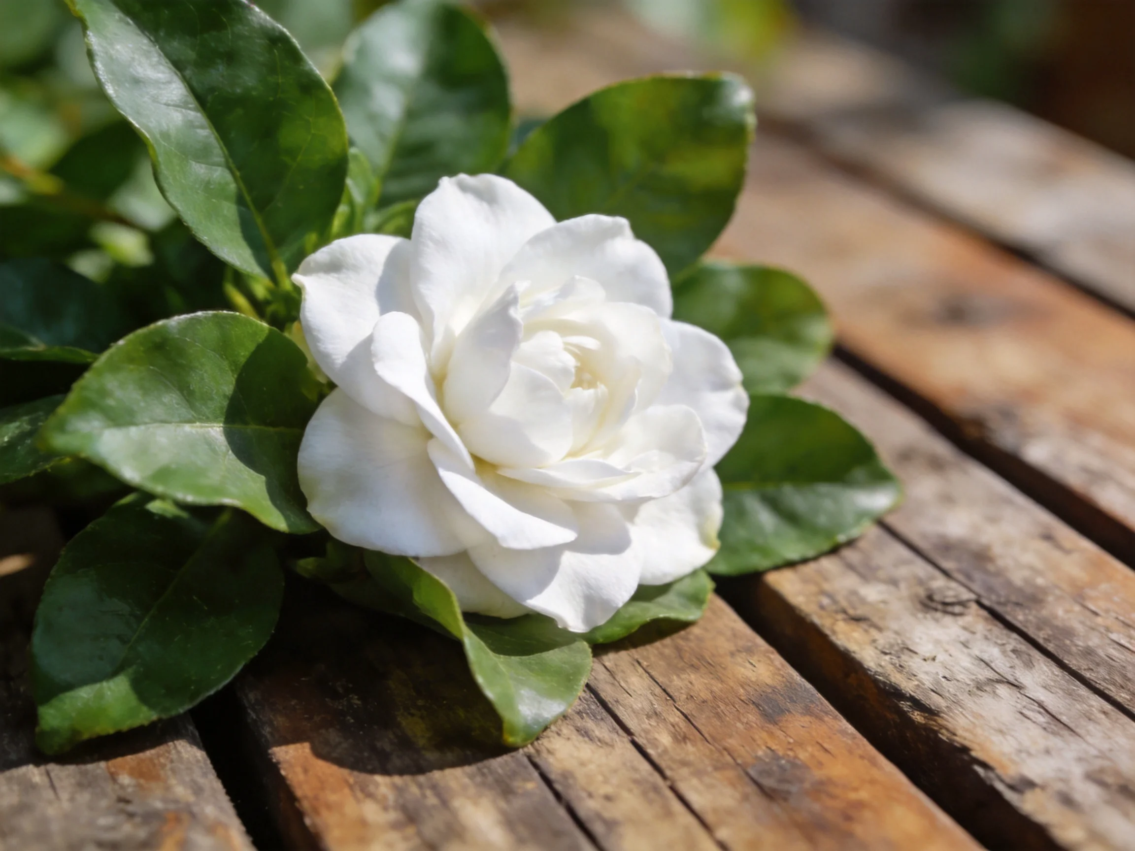 A single white rose surrounded by glossy green leaves on aged wooden planks