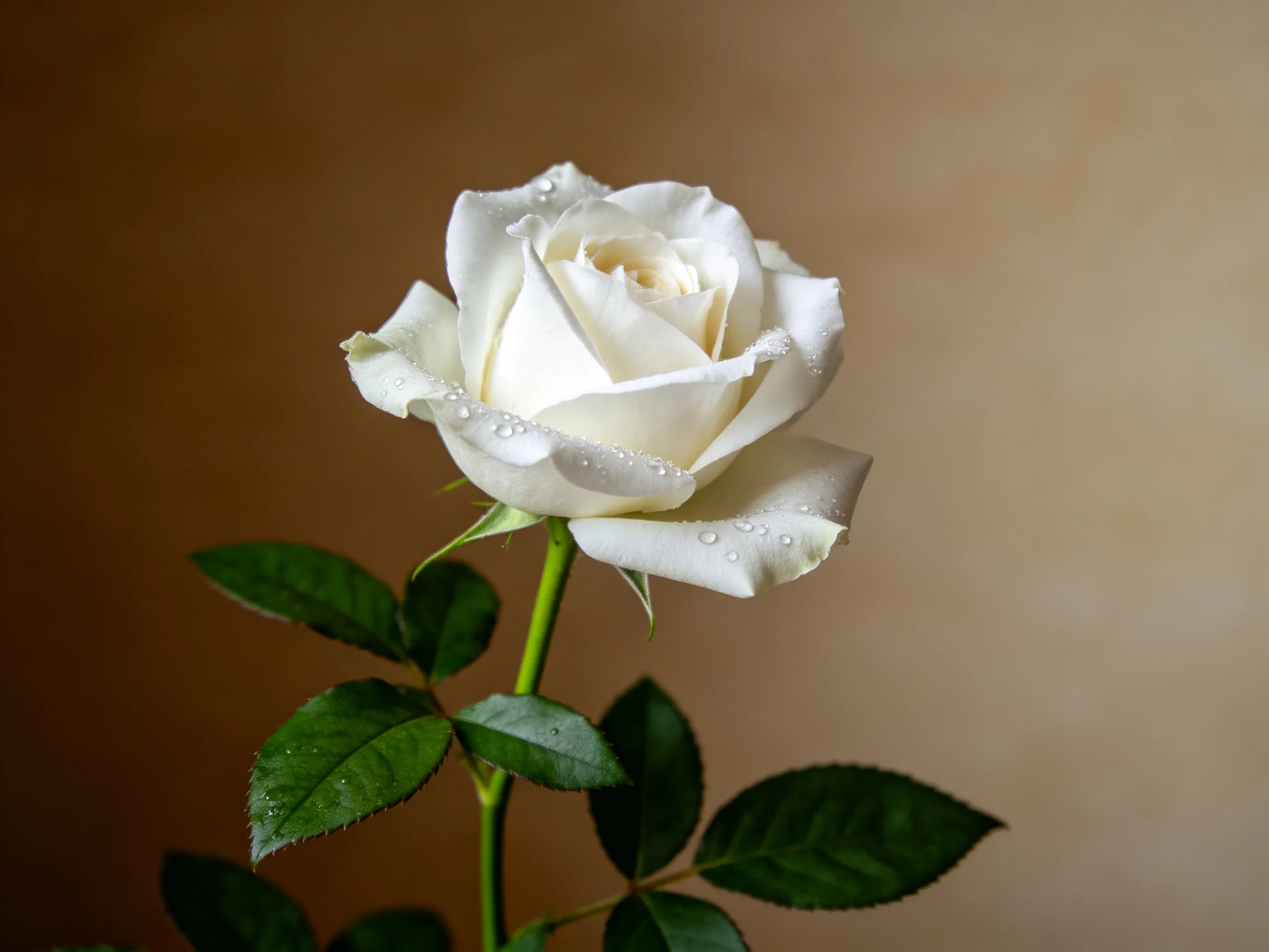 A single white rose with dew drops and green leaves against a brown backdrop