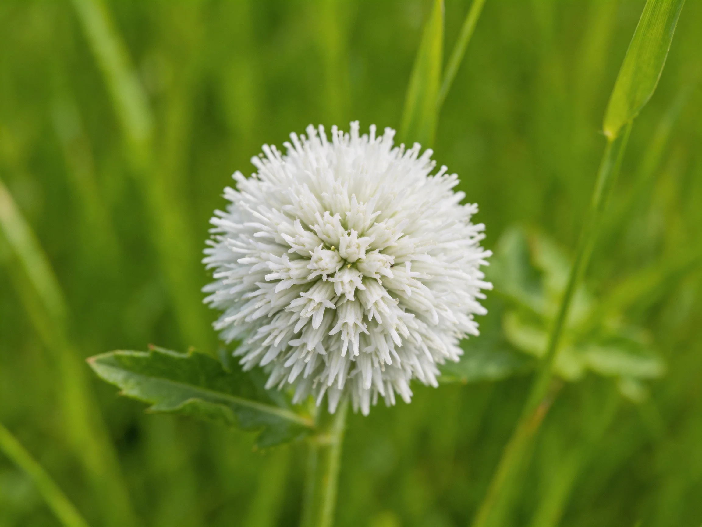 A single white spherical flower in lush green surroundings