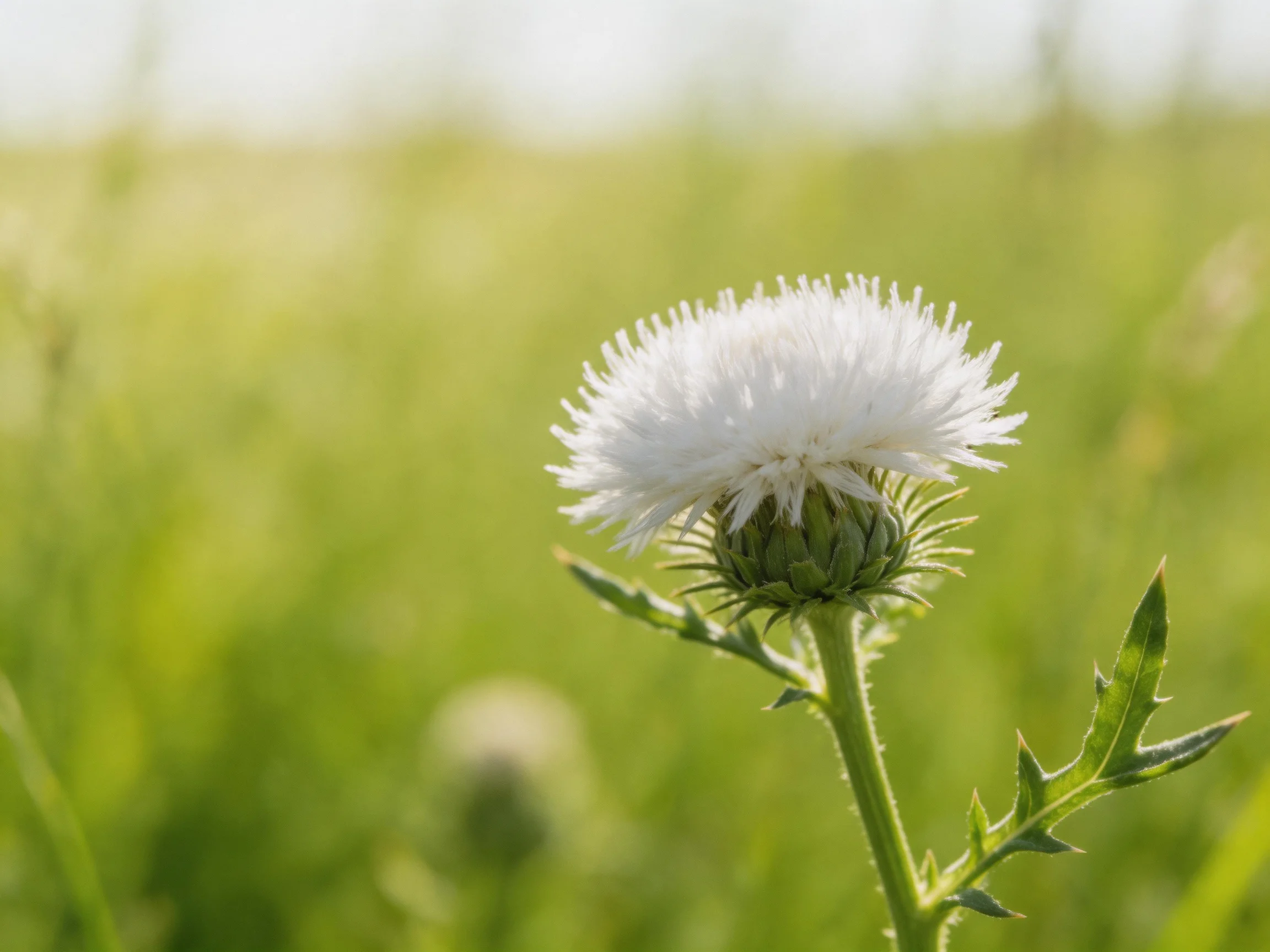 A single white thistle blooms in a sun-dappled green meadow