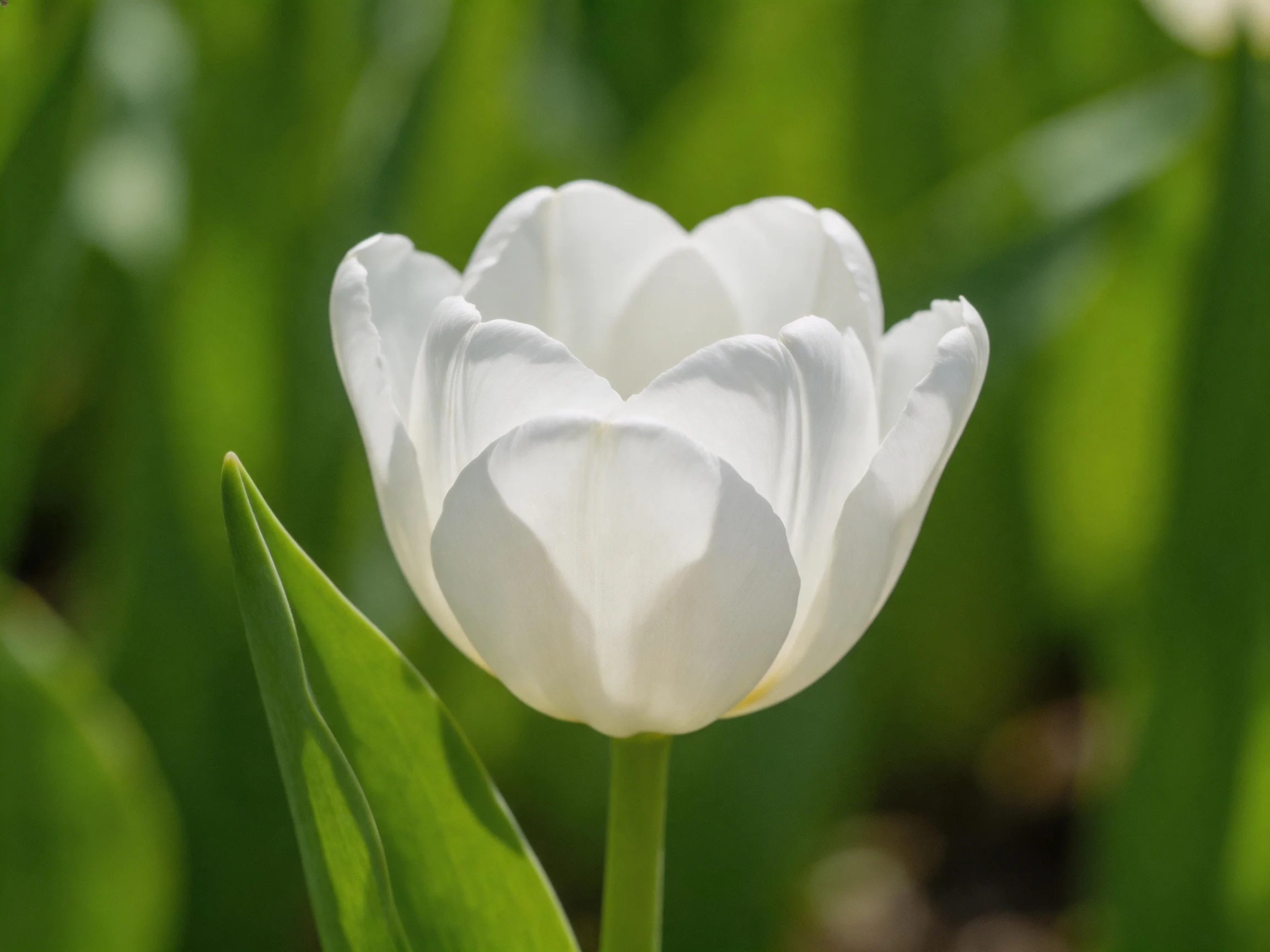 A single white tulip blooms amid lush green foliage