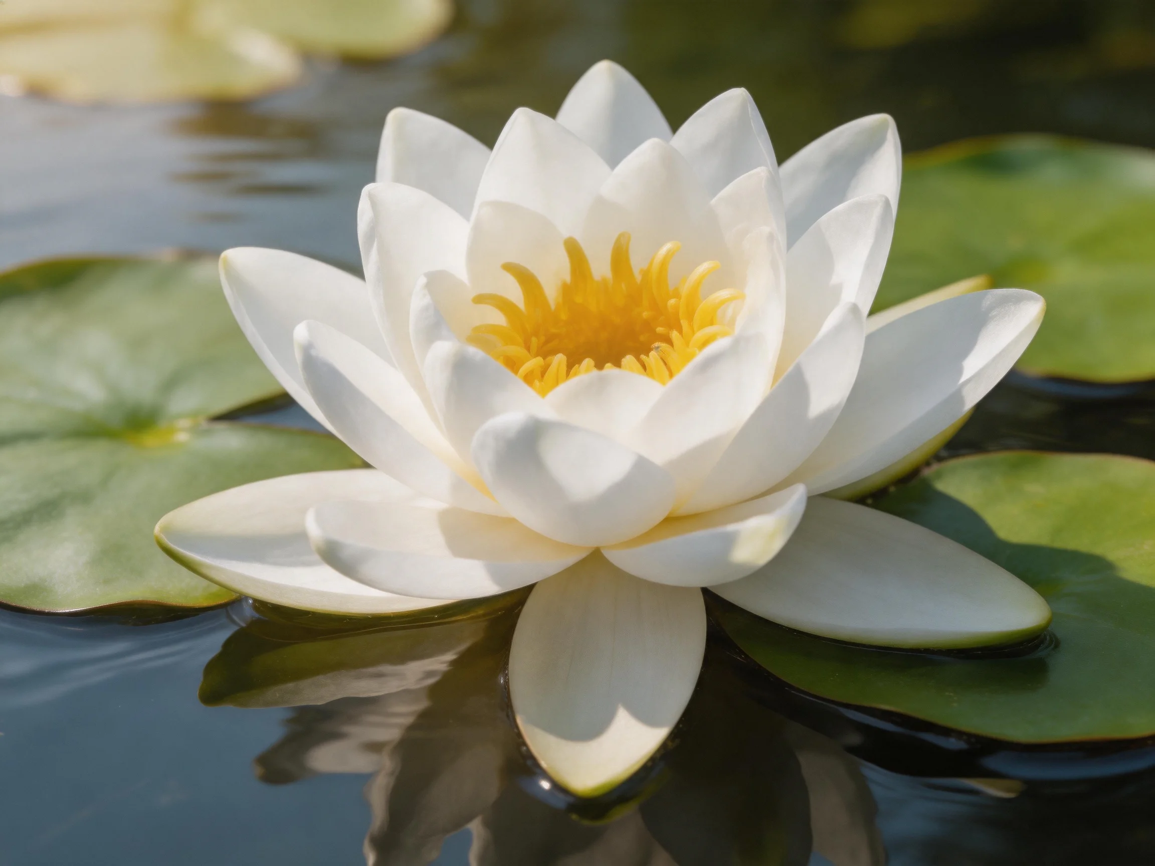 A single white water lily blooms amid green lily pads on calm water