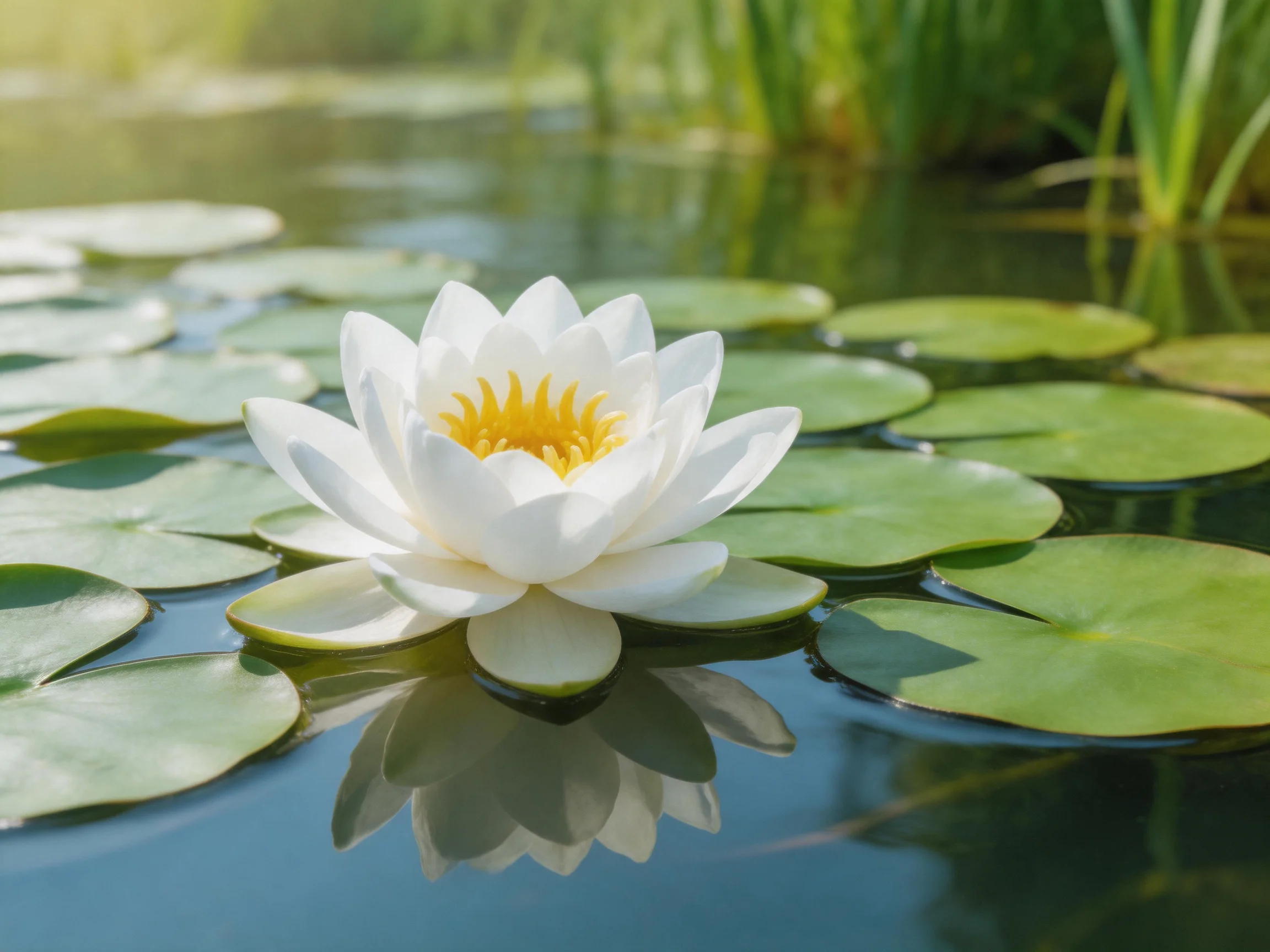 A single white water lily blooms amid green lily pads on calm water