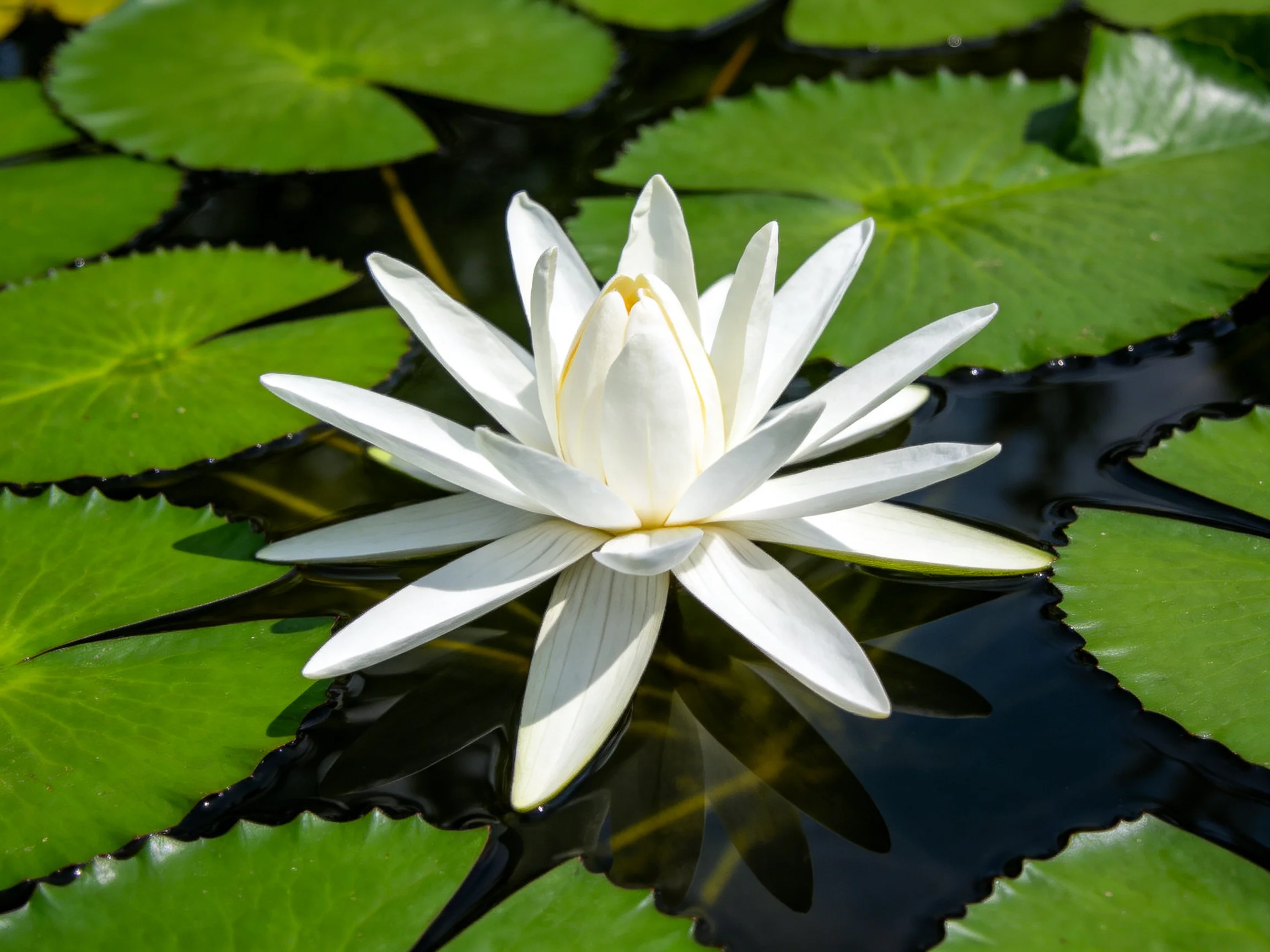 A single white water lily blooms among broad green lily pads
