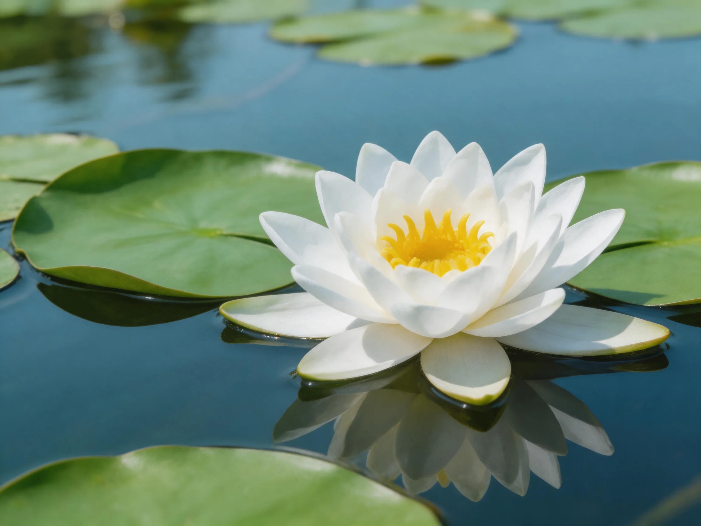 A single white water lily blooms among green lily pads in calm blue water