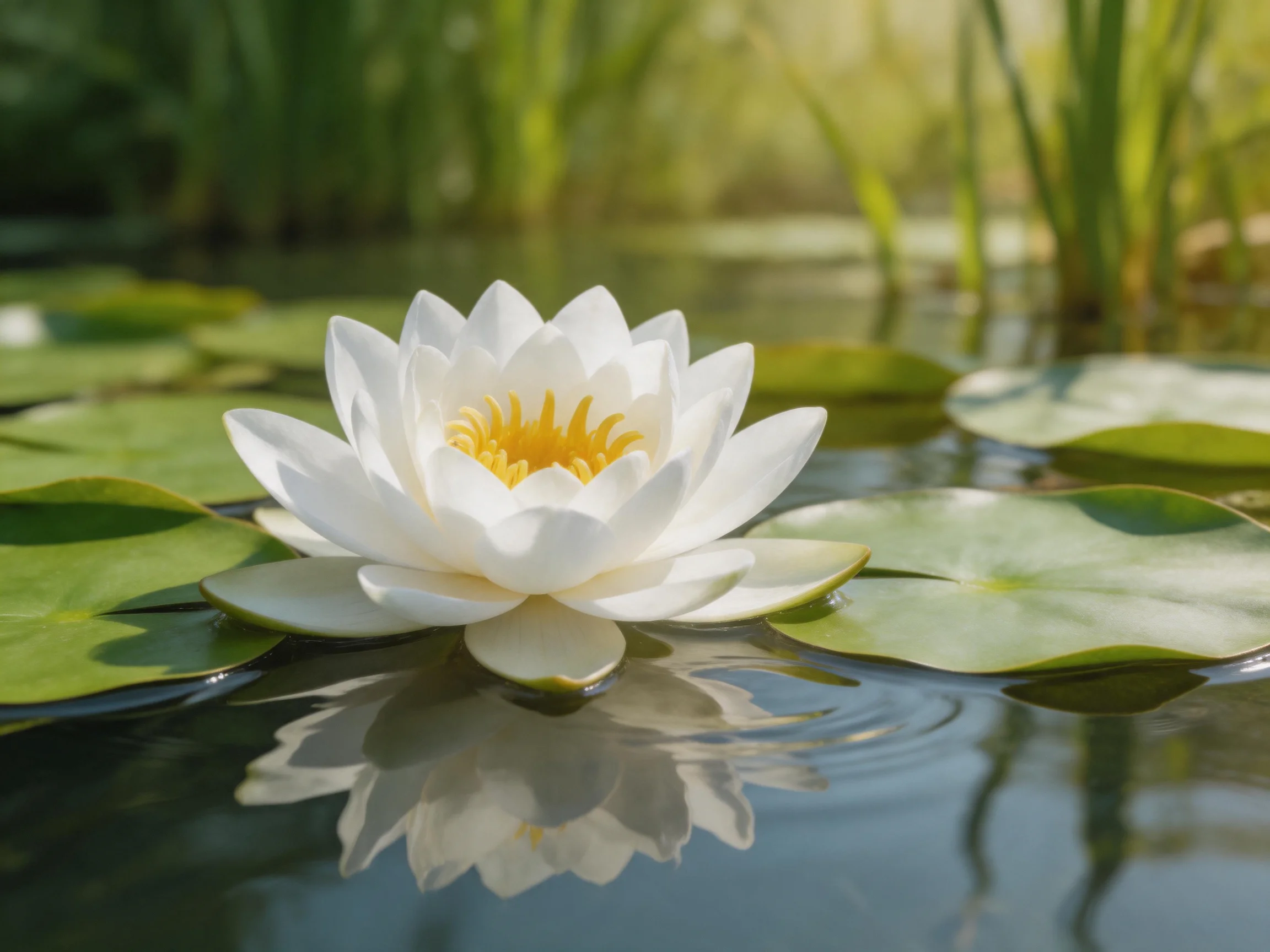 A single white water lily blooms among green lily pads