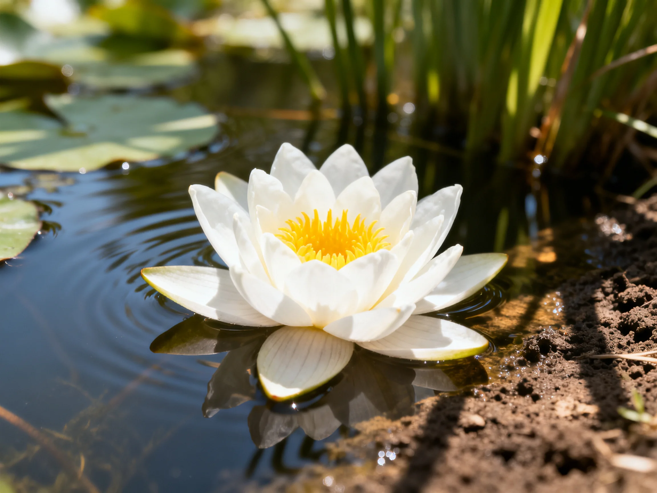A single white water lily floats in calm pond waters