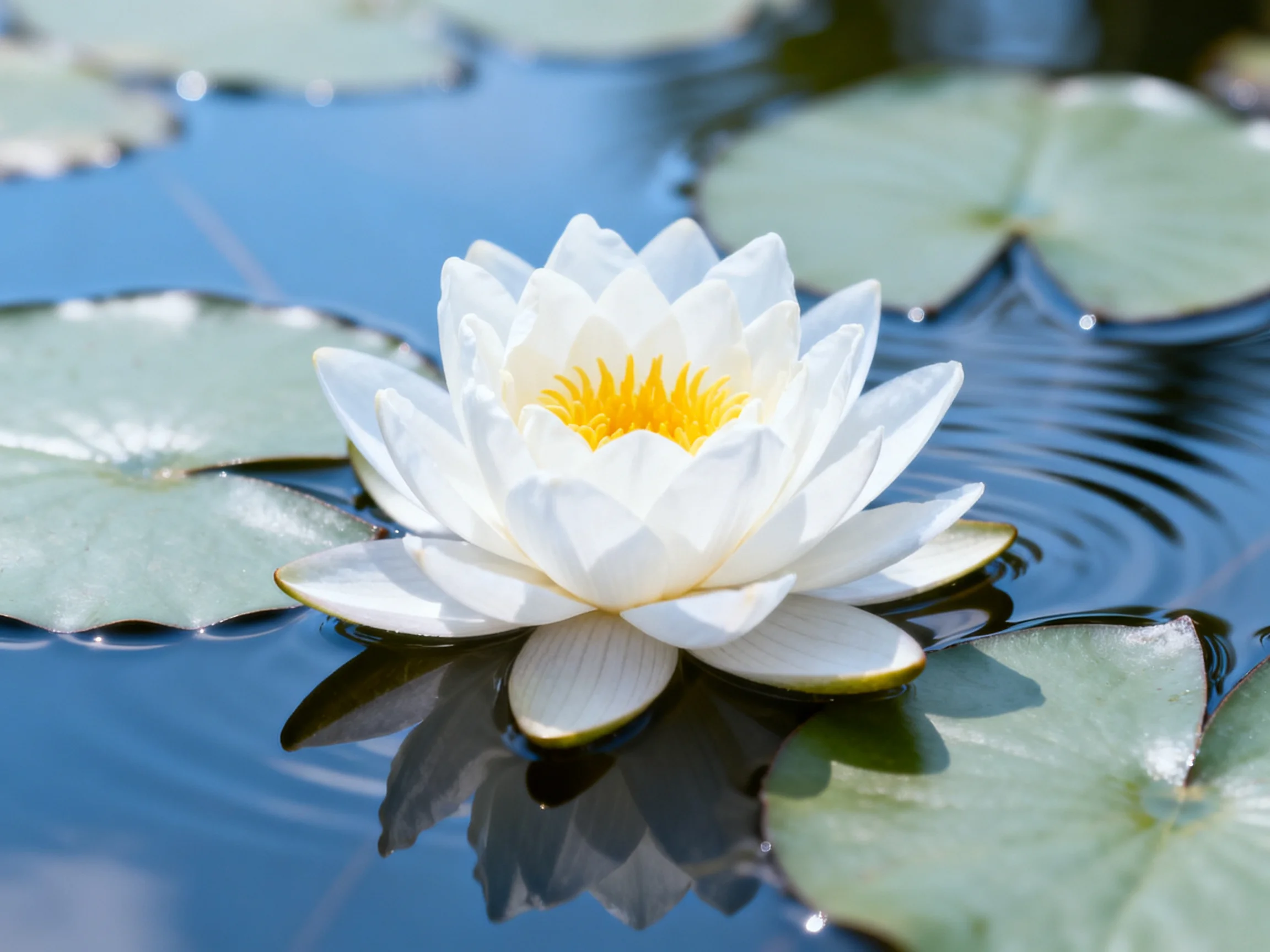 A single white water lily surrounded by green lily pads floats in clear blue water