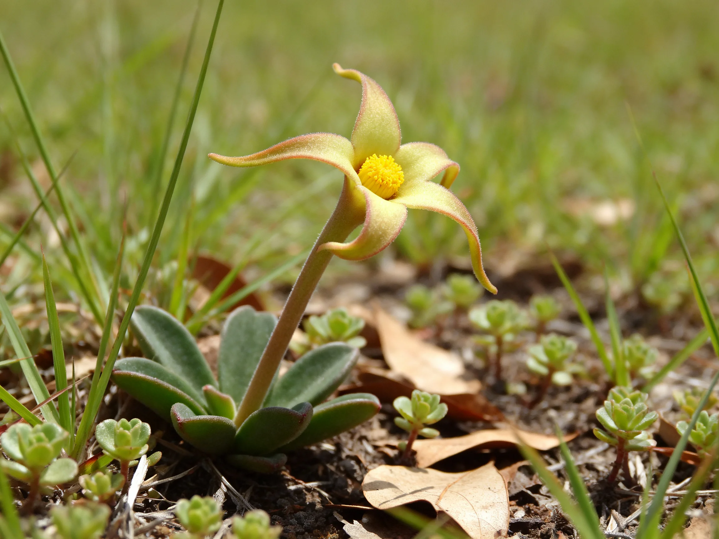 A single yellow-centered flower blooms amid green foliage and dry leaves