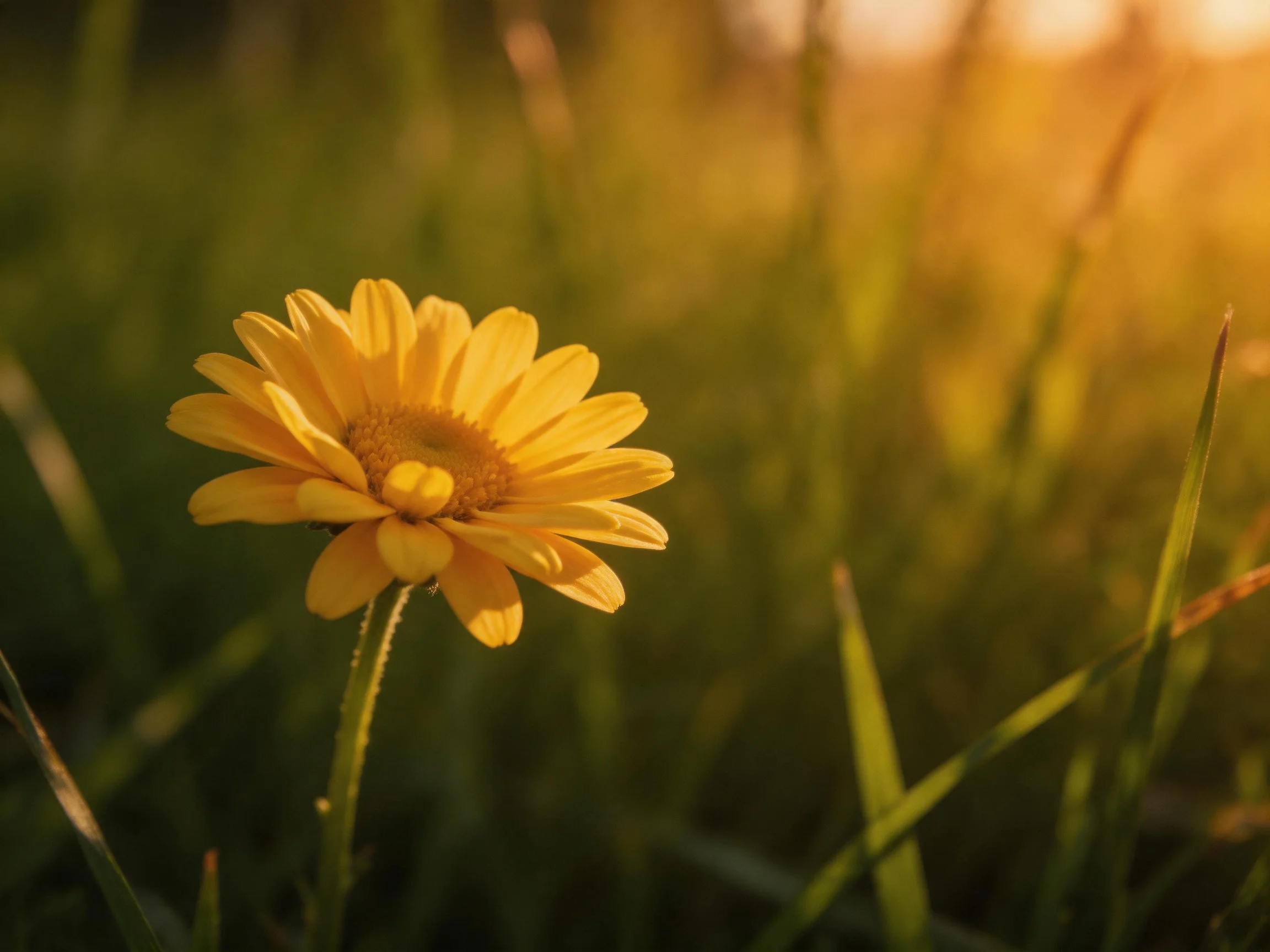 A single yellow daisy stands among tall green grasses under warm sunlight