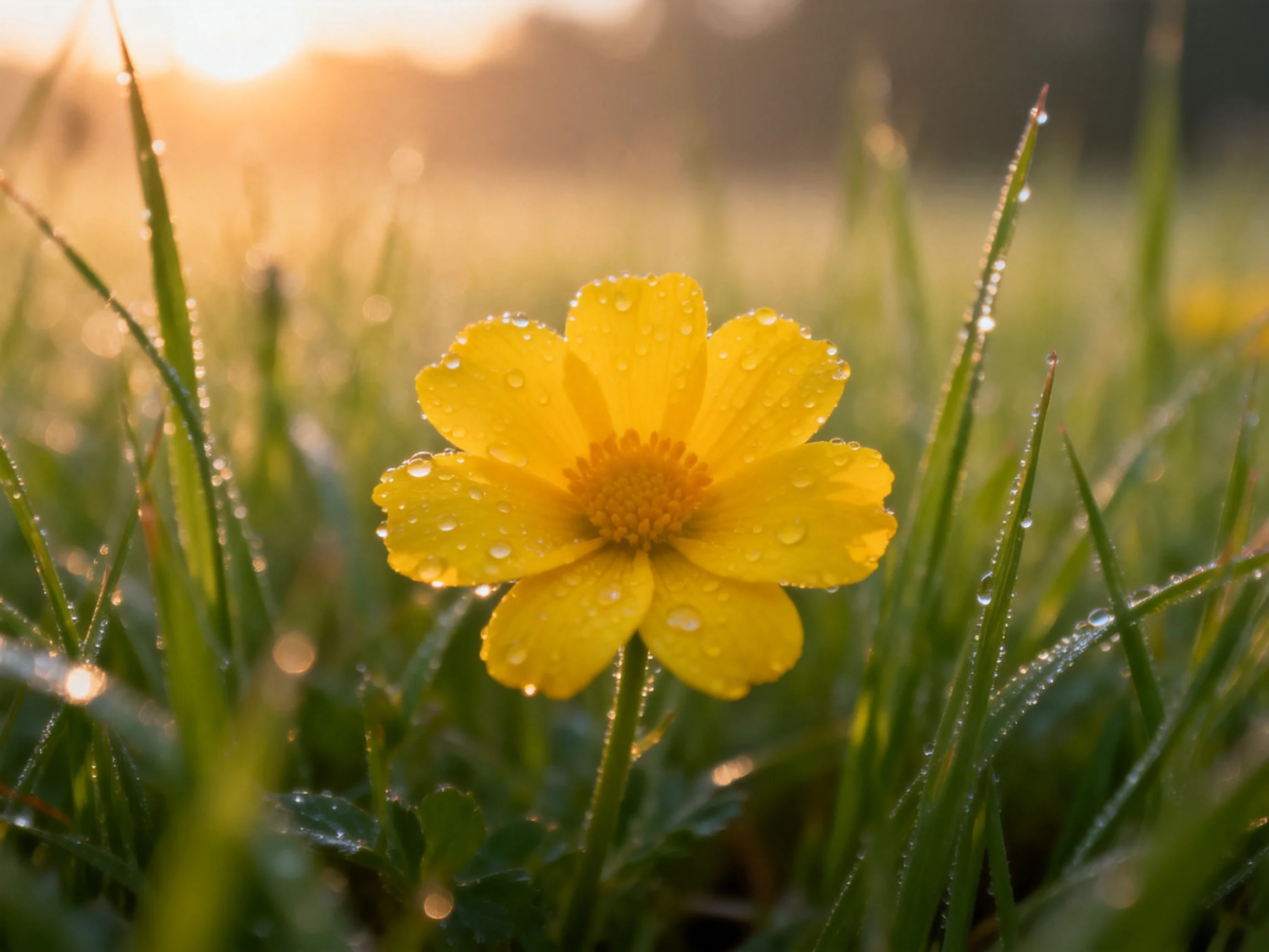 A single yellow flower with dewdrops in morning grass