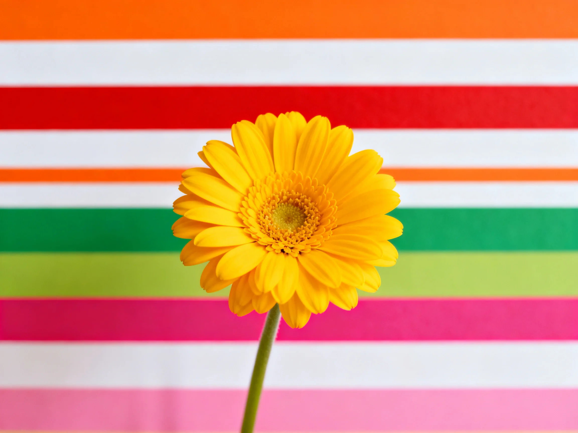 A single yellow gerbera daisy against bold horizontal color stripes